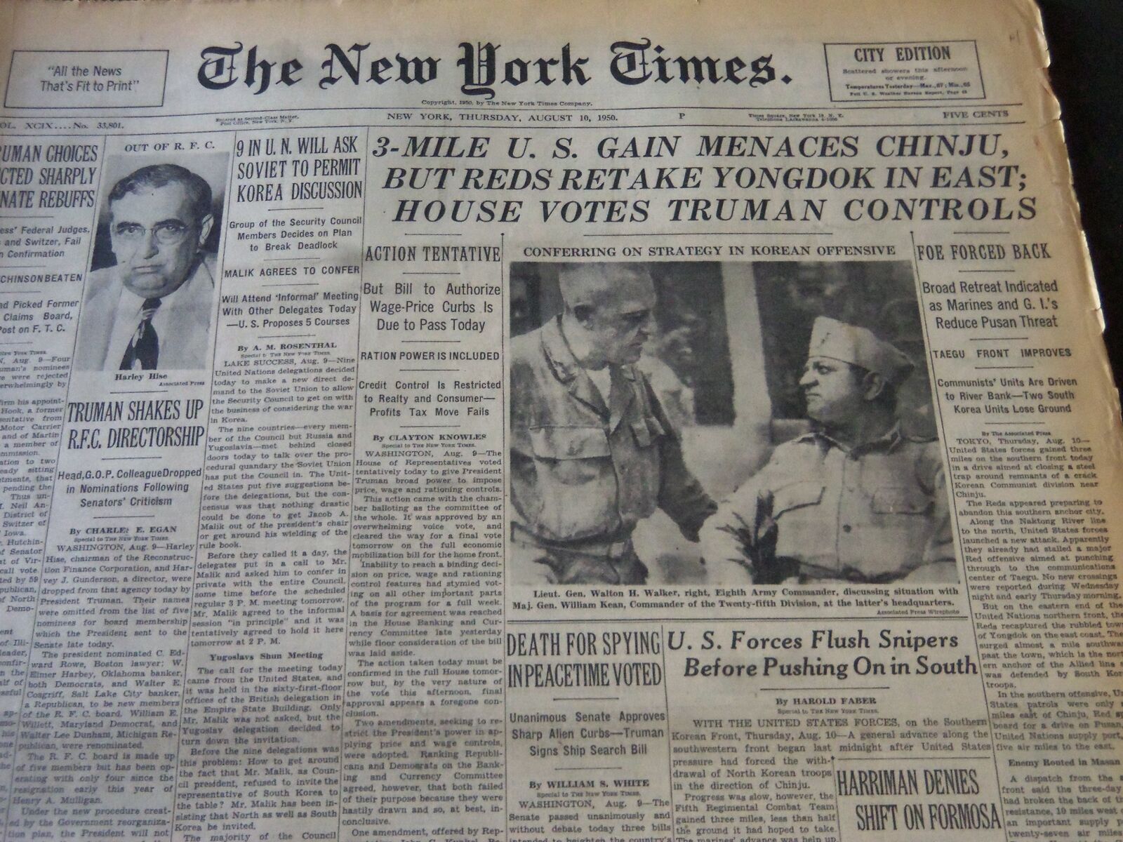 1950 AUGUST 10 NEW YORK TIMES - 3 MILE U. S. GAIN MENACES CHINJU - NT 5975