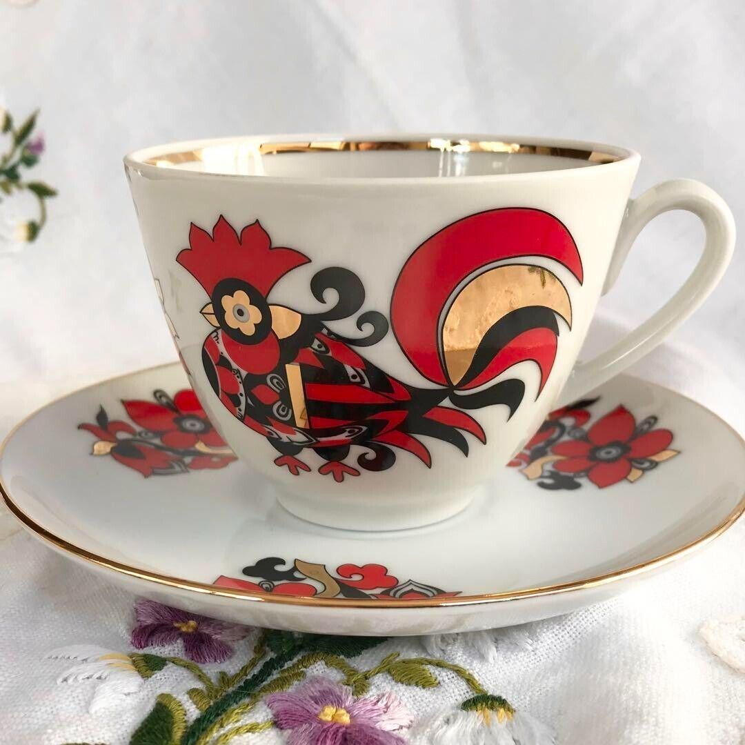 Imperial Porcelain Lomonosov Red Rooster Cup Saucer Set