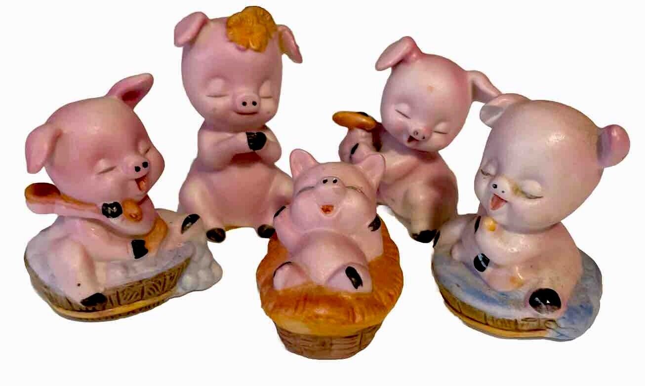 Cute Vintage Enesco Happy Pigs Figurines Set of 5 Complete