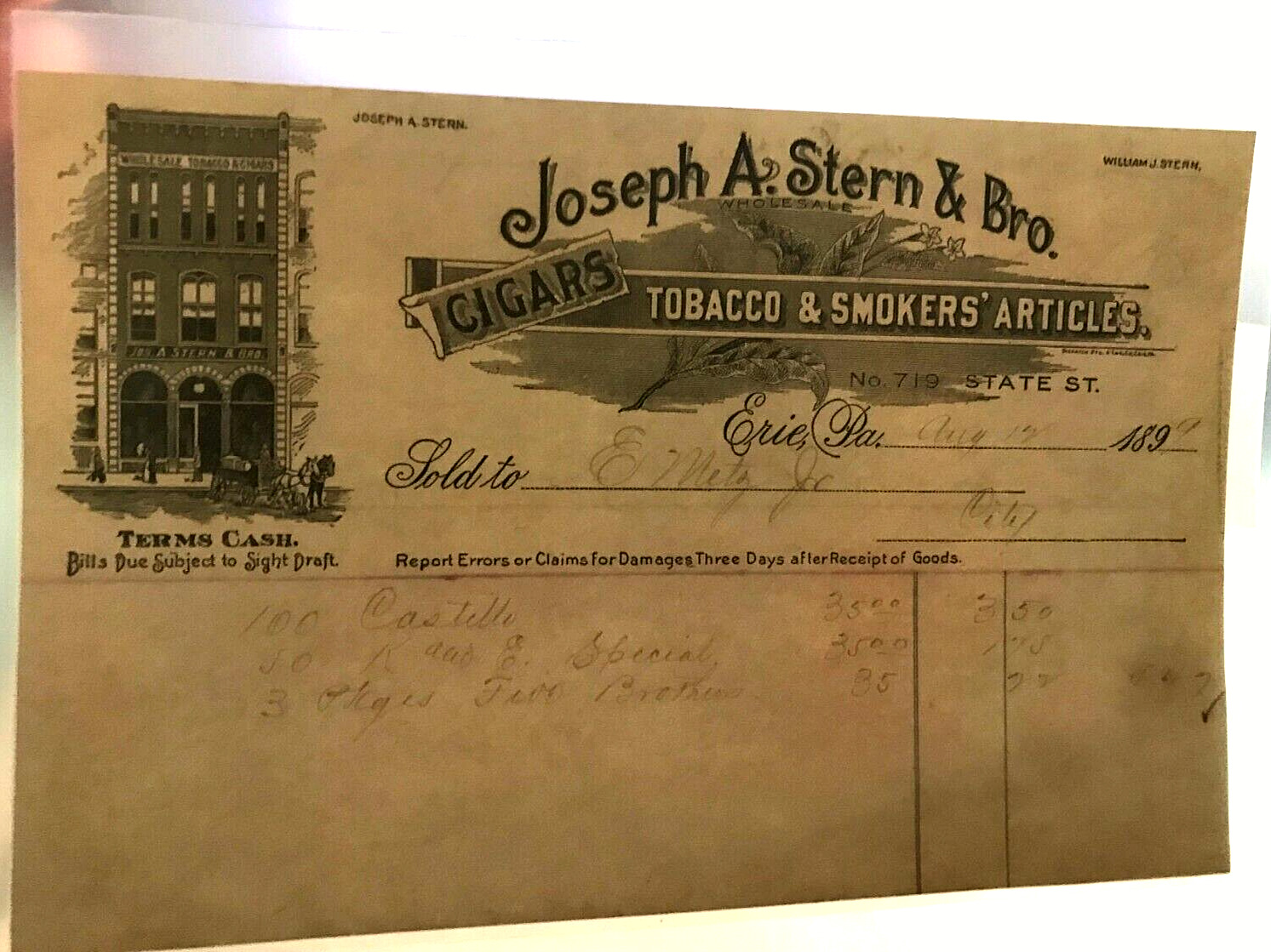 1889 JOSEPH A STERN & BRO CIGARS TOBBACO & SMOKERS ARTICLES ERIE PA BILLHEAD
