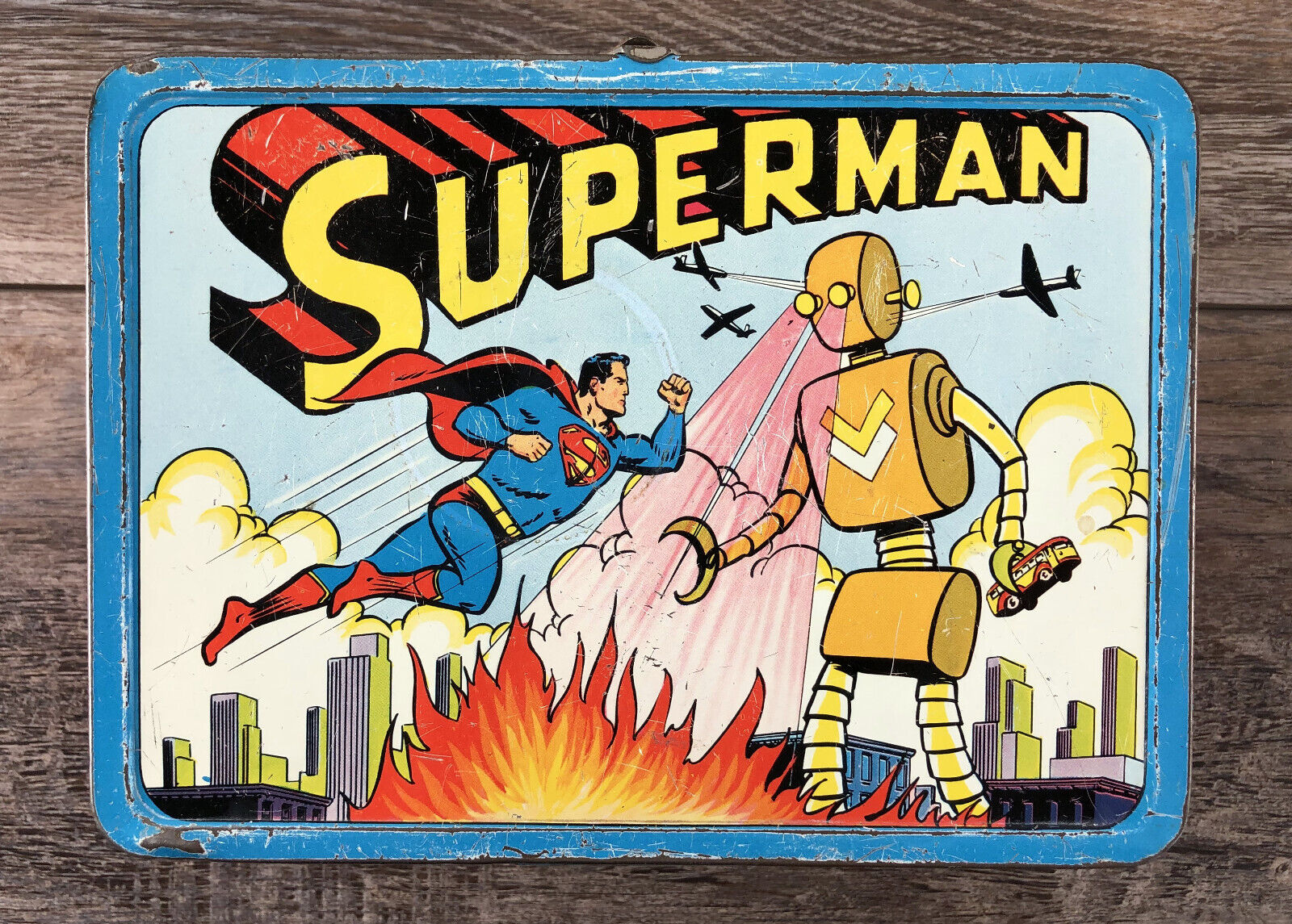 Superman vs. The Robot Metal Lunch Box - NO THERMOS - Vintage 1954 ADCO Airplane