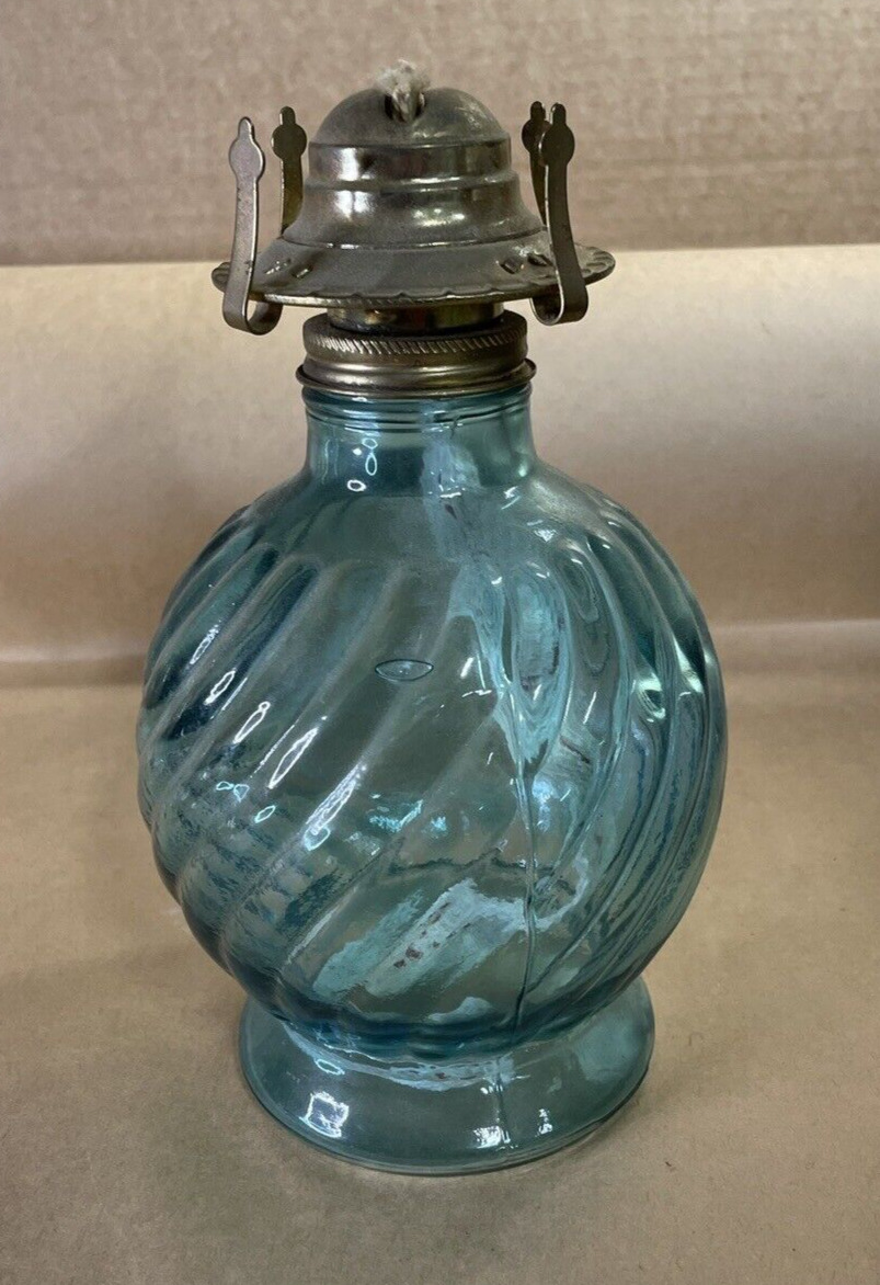 Vintage Blue Glass Kerosene/ Oil Lamp Made in Hong Kong