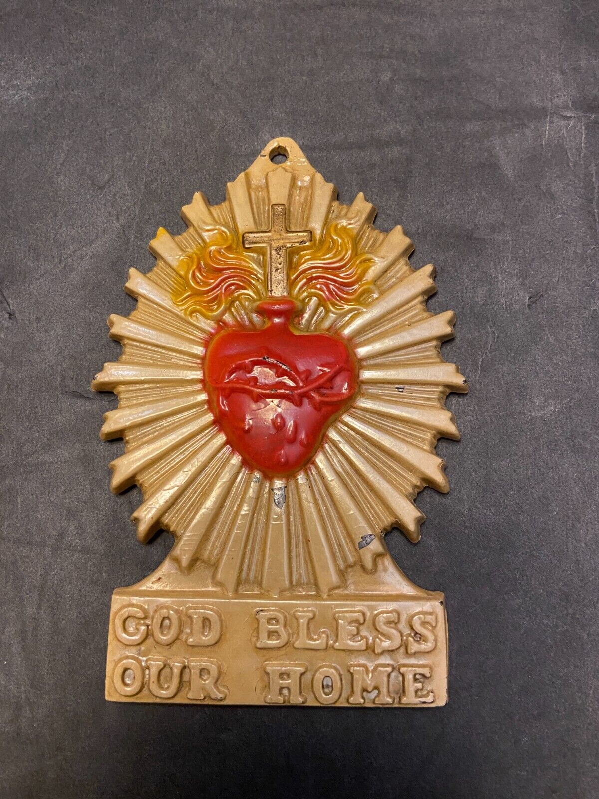 Vintage Flaming Sacred Heart Of Jesus God Bless our Home Wall Plaque Metal