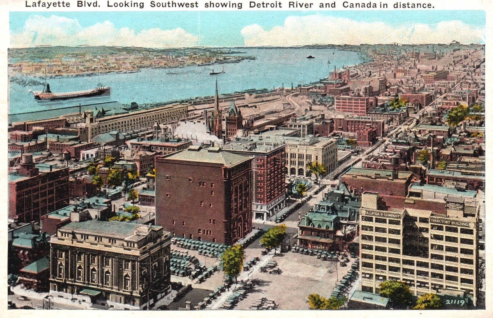 Vintage Postcard Lafayette Blvd. Southwest Detroit River and Canada in Distance