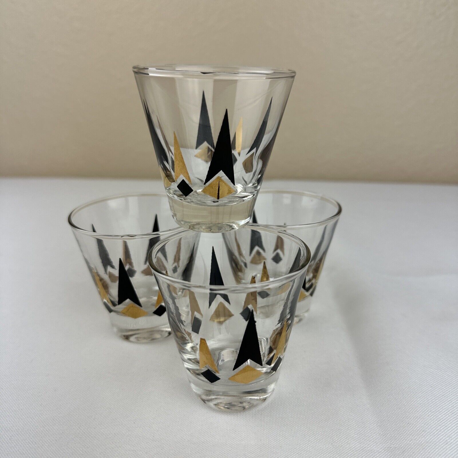 4 Vtg Harlequin ￼Lowball Glasses Black 22Kt Gold Cocktail Shot MCM Barware