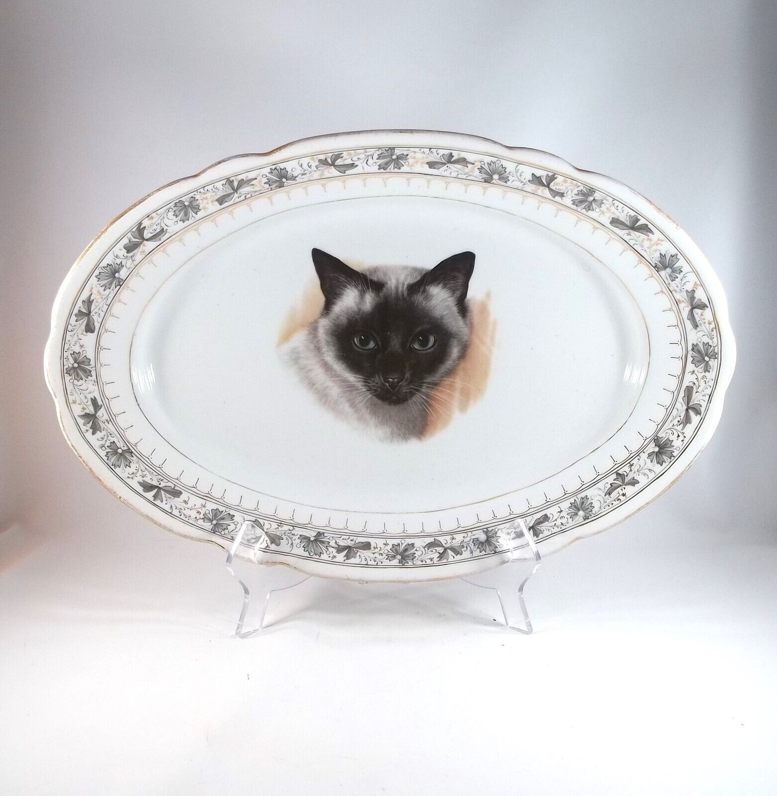 Vintage Large Decorative Ceramic Platter With Siamese Cat Face Decoration