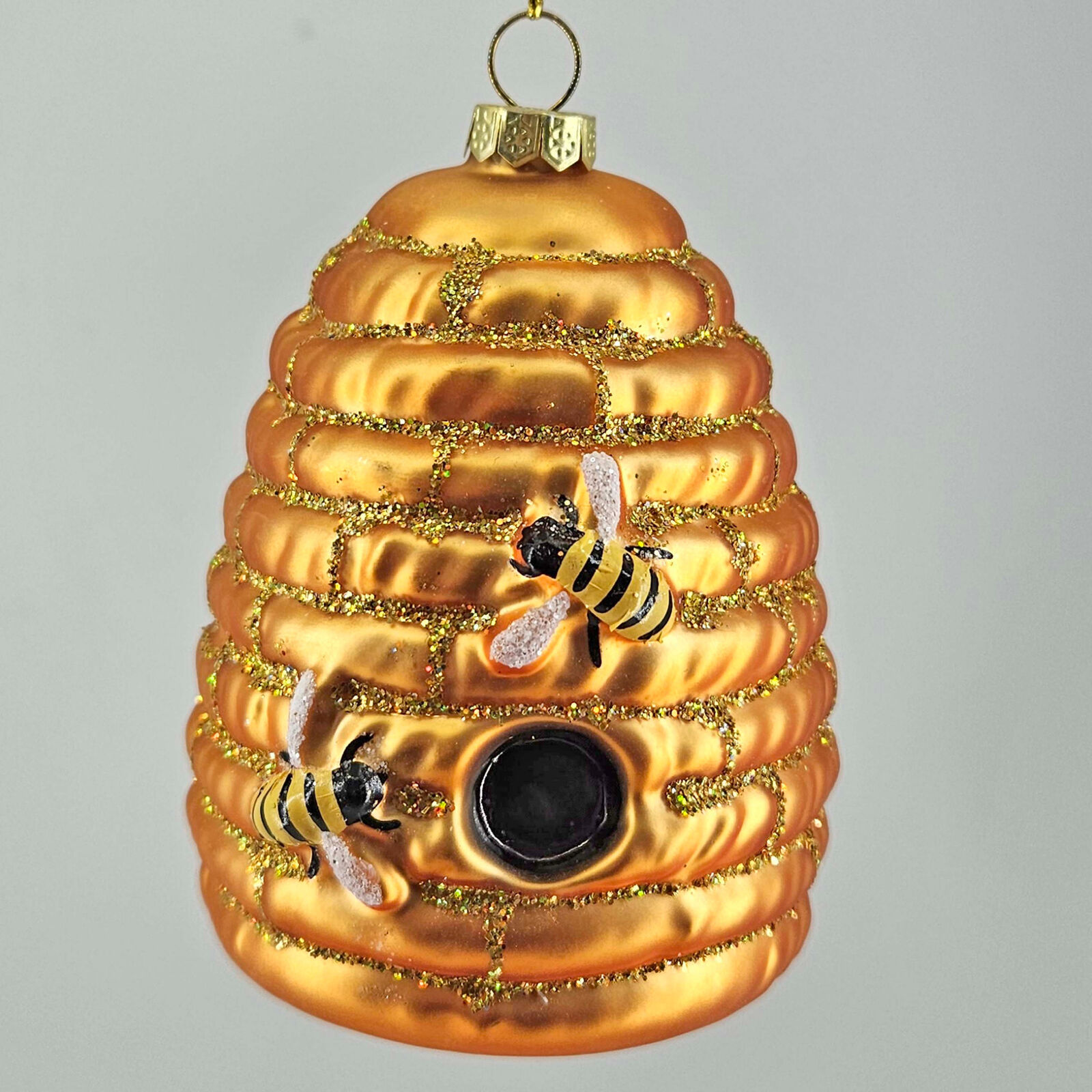 Gold BeeHive Bee Hive Large Glass Christmas Ornament, New