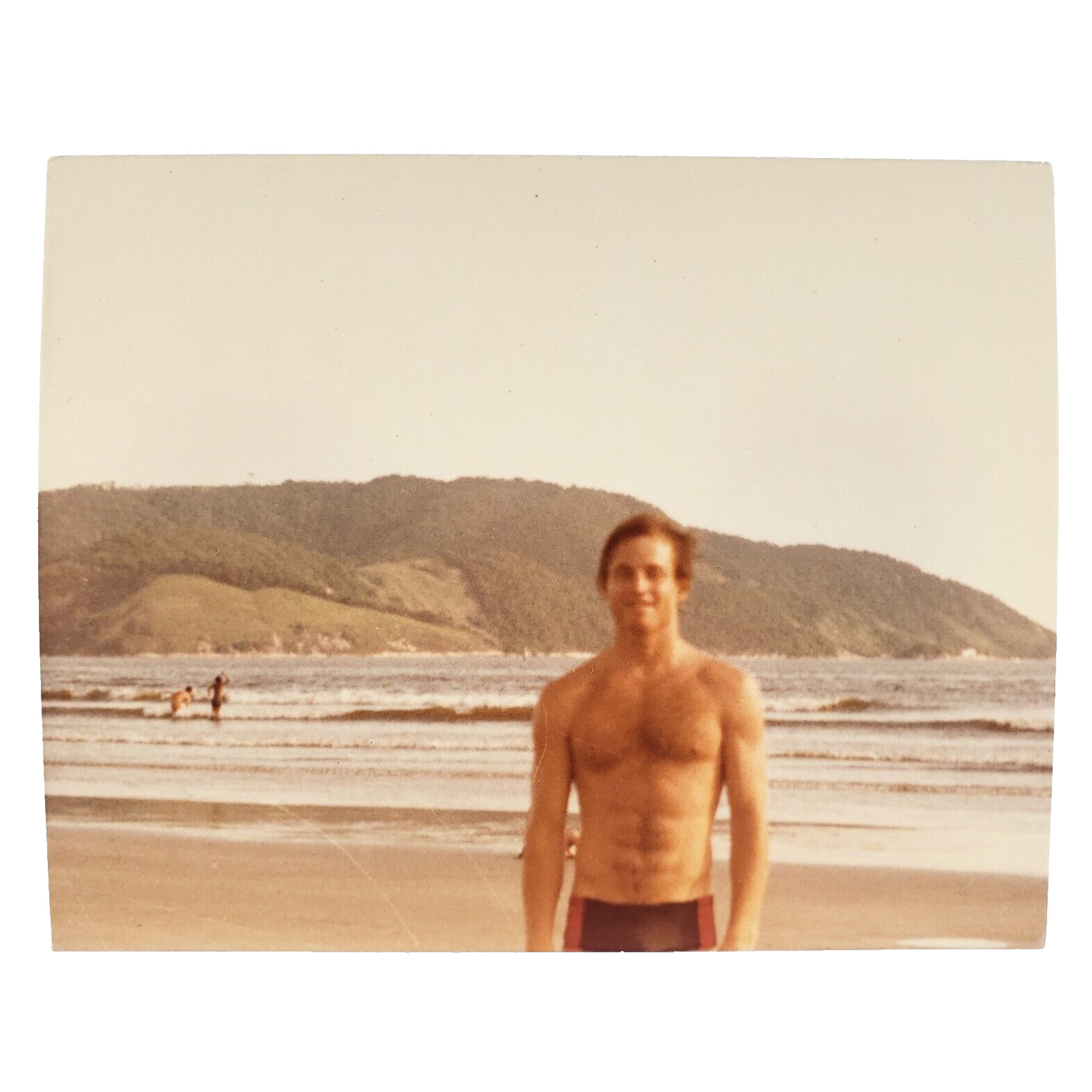 Blurred Shirtless Beefcake at Beach Photo 1980s Jumping in Waves Snapshot B3383