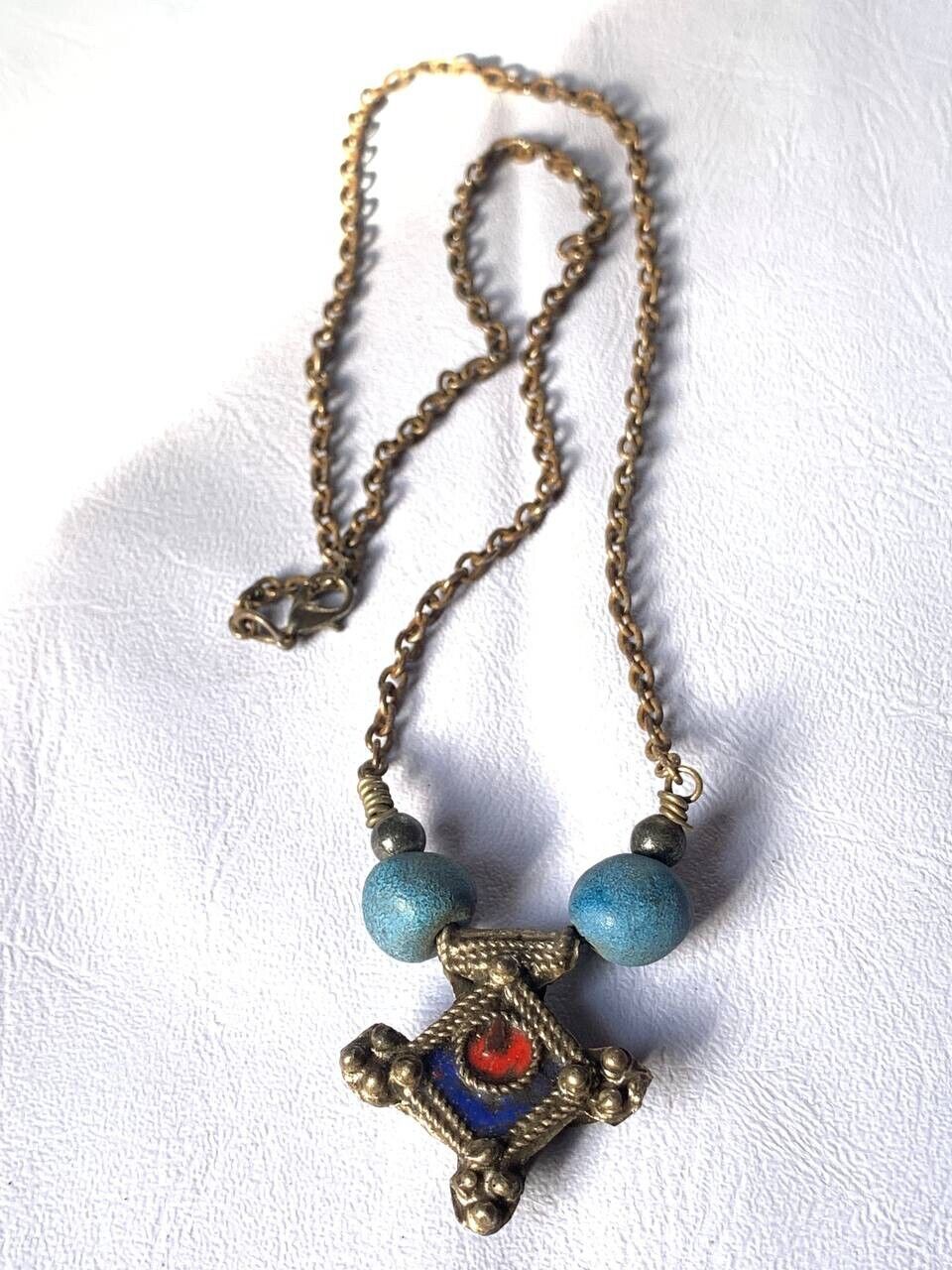 ANTIQUE ANCIENT VICTORIAN STUNNING RARE SILVER NECKLACE PENDANT TURQUOISE STONES