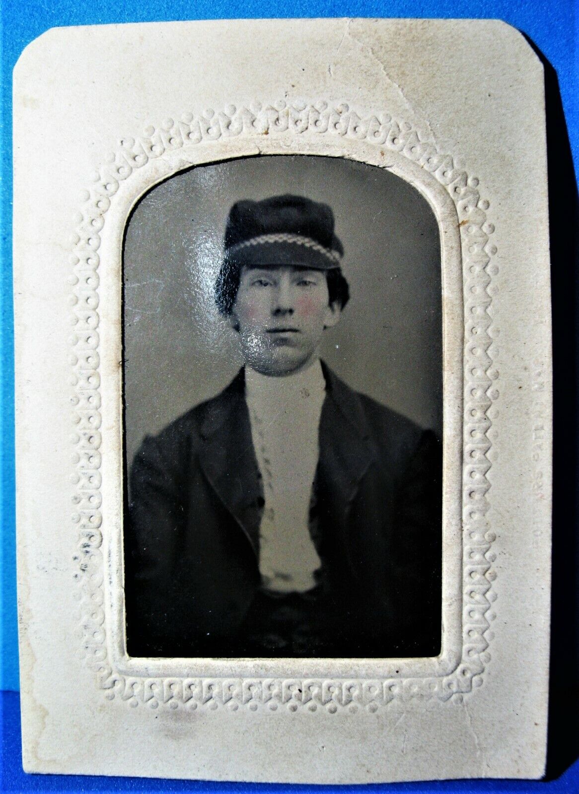 Antique Victorian Tintype Young Man in Civil War Hat in Embossed Cardboard Frame