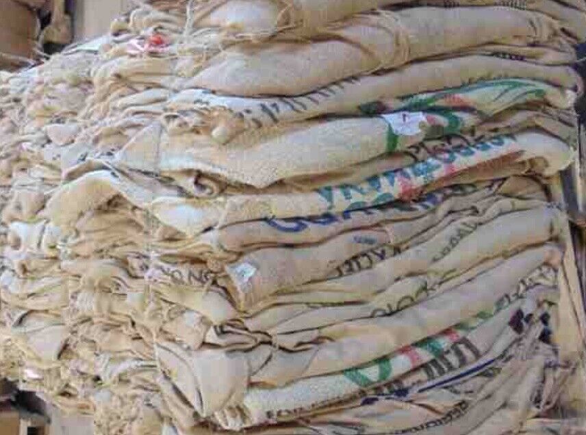 5 Used Burlap Coffee Bags JUTE LARGE. THESE ARE FROM ALL OVER THE WORLD.