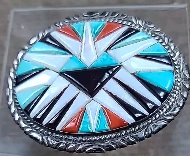 ZUNI   inlay Belt Buckle Silver Turquoise Onyx Coral Oval Signed   vintage