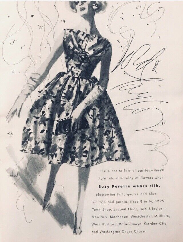 1969 Lord & Taylor Suzy Perette Fashion Dorothy Hood Art Dress PRINT AD Vintage