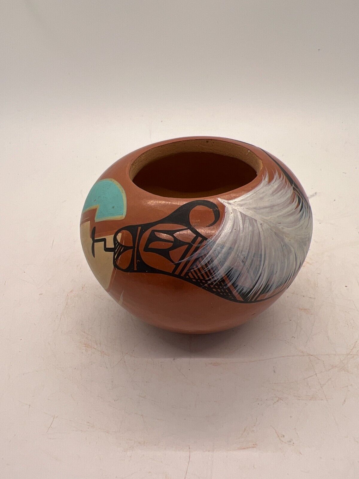 Native American Pottery w/ Feather Hand Made Southwest Pot by J Fitzgerald Toya