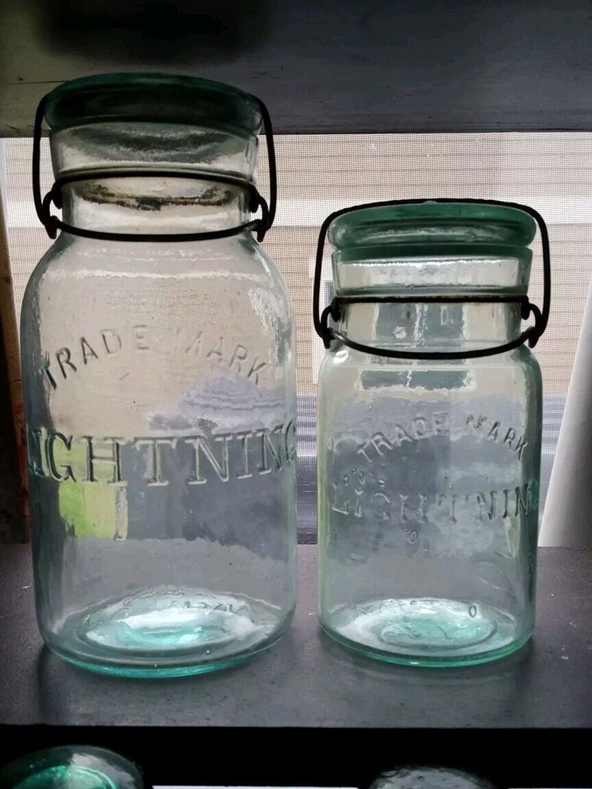 Two Antique Trademark Lightning Putnam  Glass Jar Wire Lid Antique Light Green 