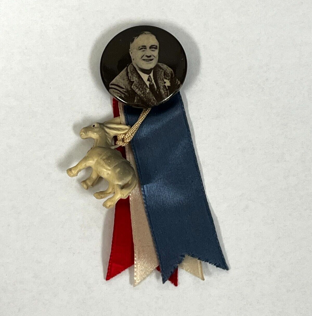 Vintage FDR Franklin D Roosevelt Political Pinback with Donkey and Ribbon