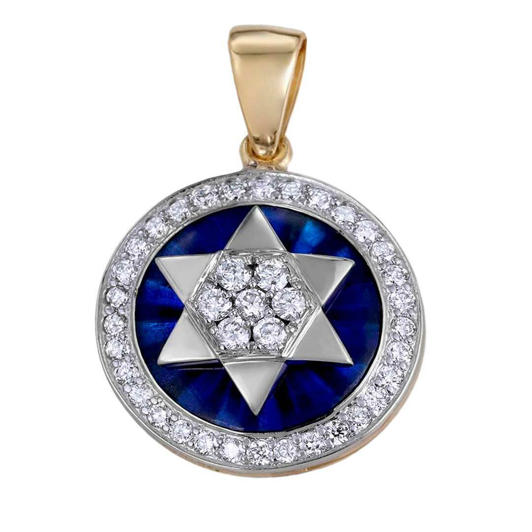 Round Pendant Magen David Jerusalem Gold 14K Diamonds Blue Enamel by Anbinder