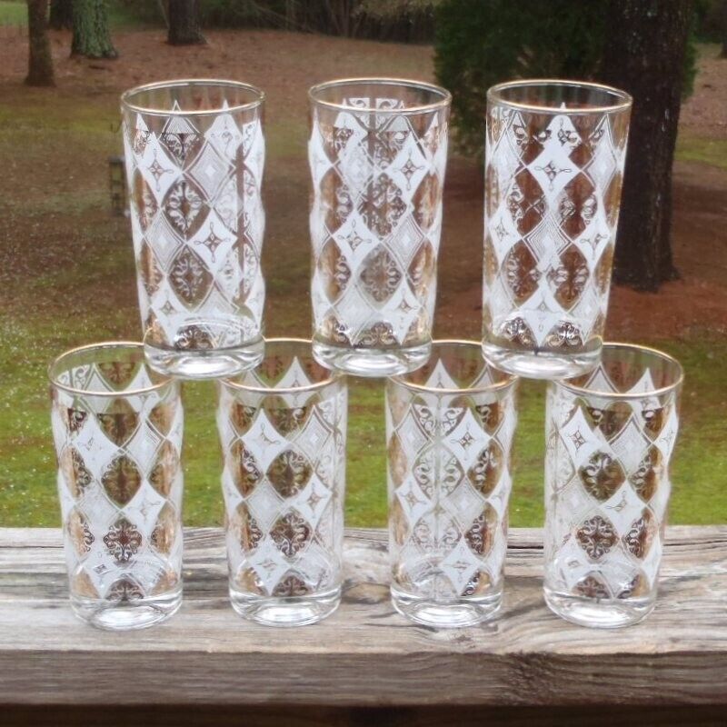 MCM Set of 7 Hollywood Regency Glass Highball Flat Drinking TUMBLER GLASSES EUC