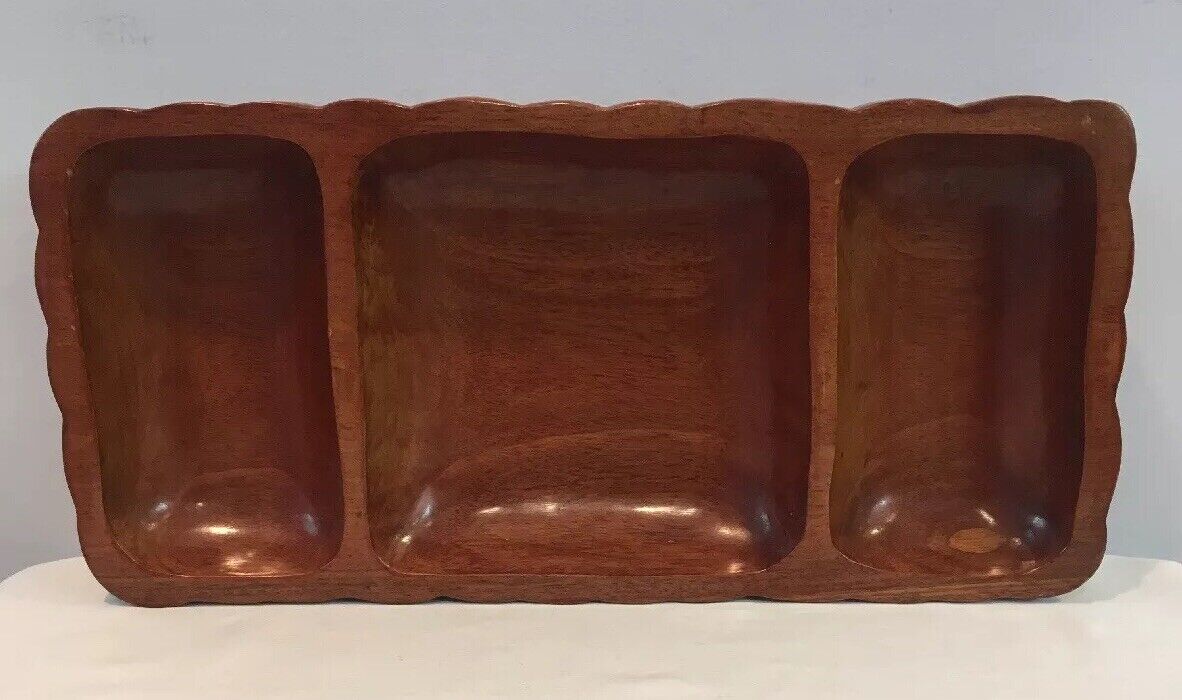 Mid-Century Modern Carved Hardwood 3 Section Rectangular Trinket Tray 14-3/4