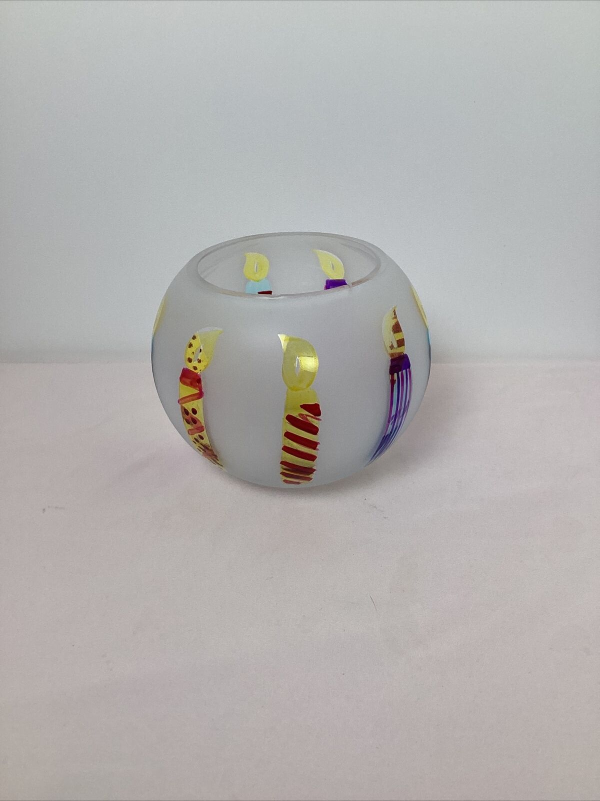 TeleFlora Gift Circle Frosted Glass Vase Bowl Hand Painted Celebration Candles