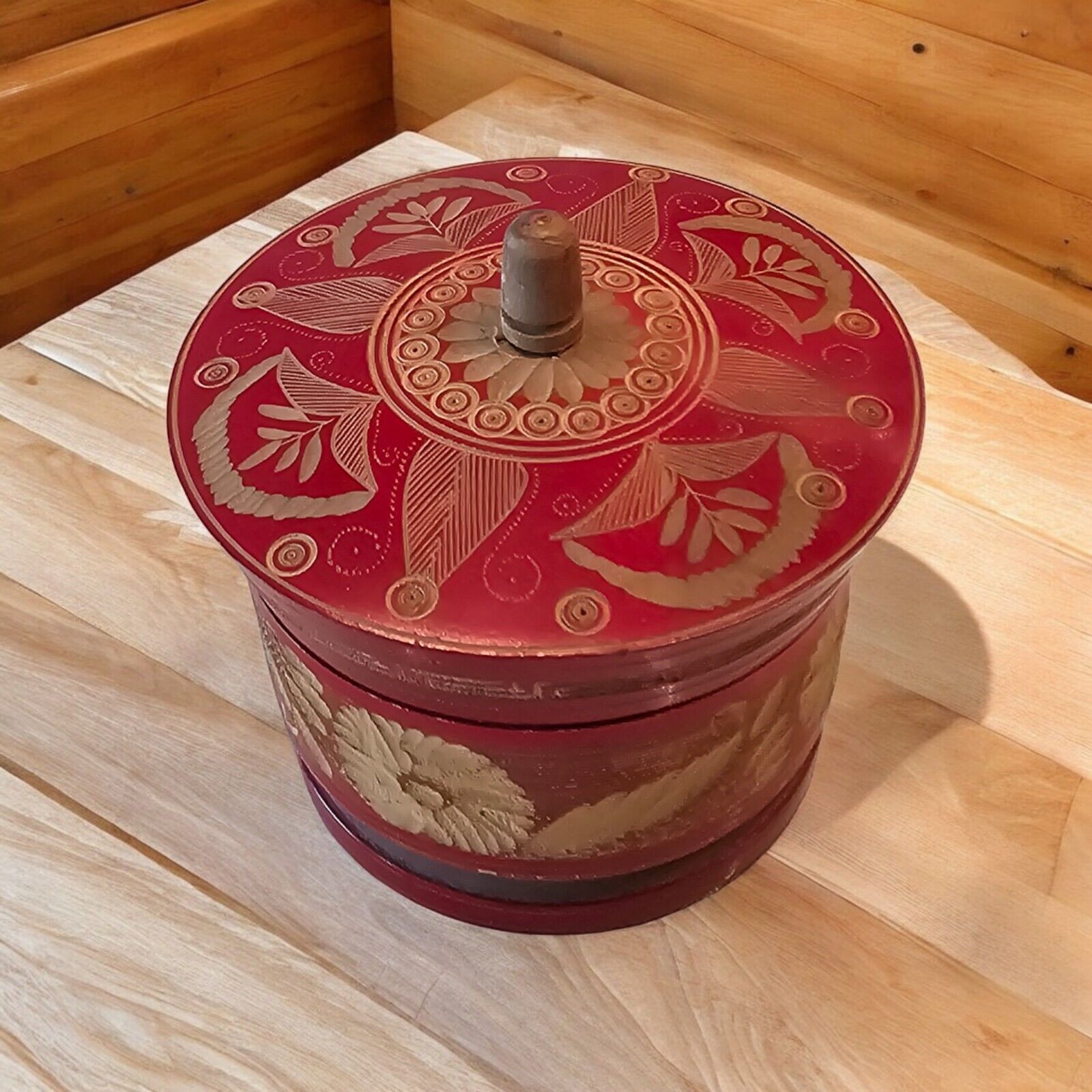 Vintage Hand Turned Wooden Carved Lidded Trinket India Detailed Red 