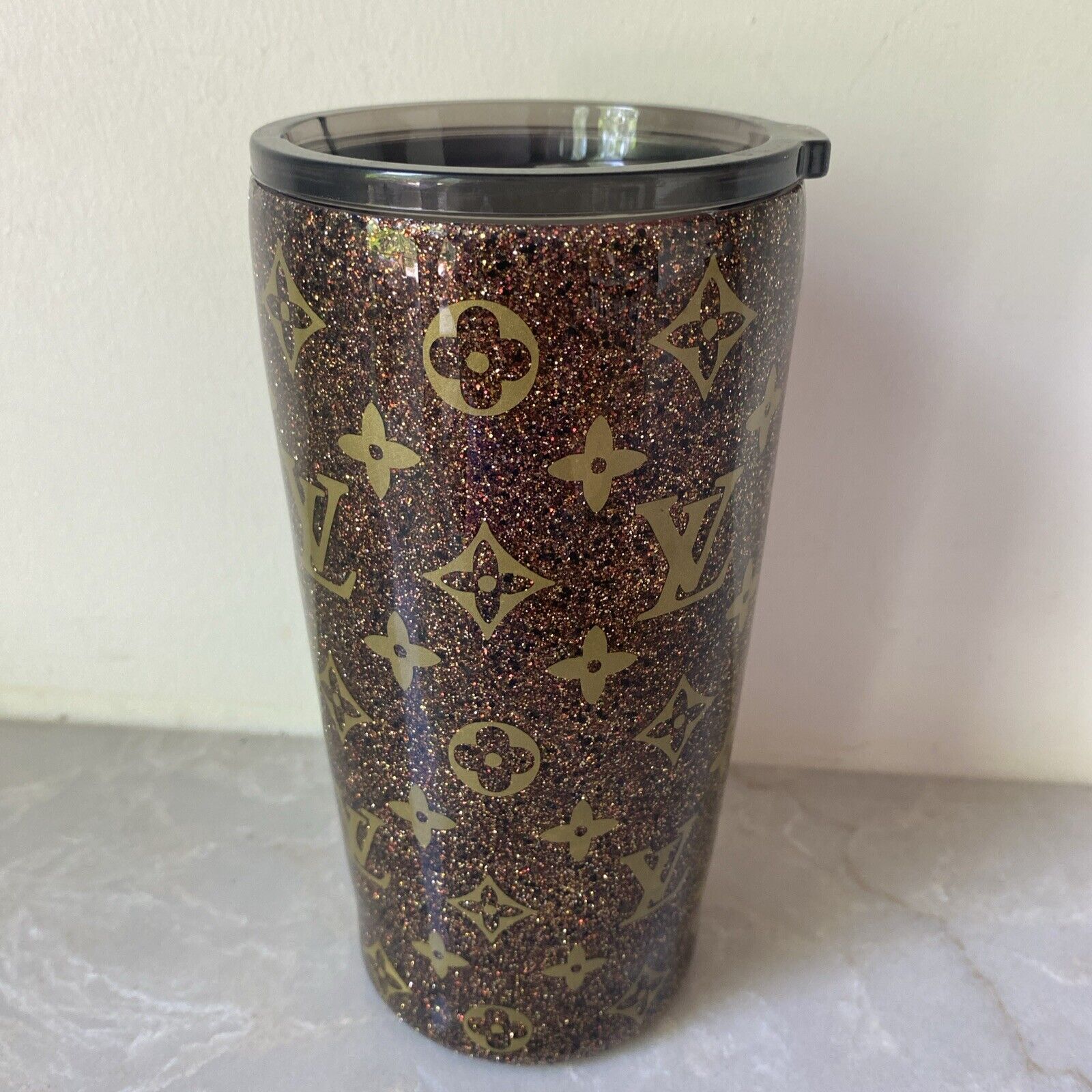 Faux Glitter Sparkle LV Insulated 7”  Travel Tumbler Luxury