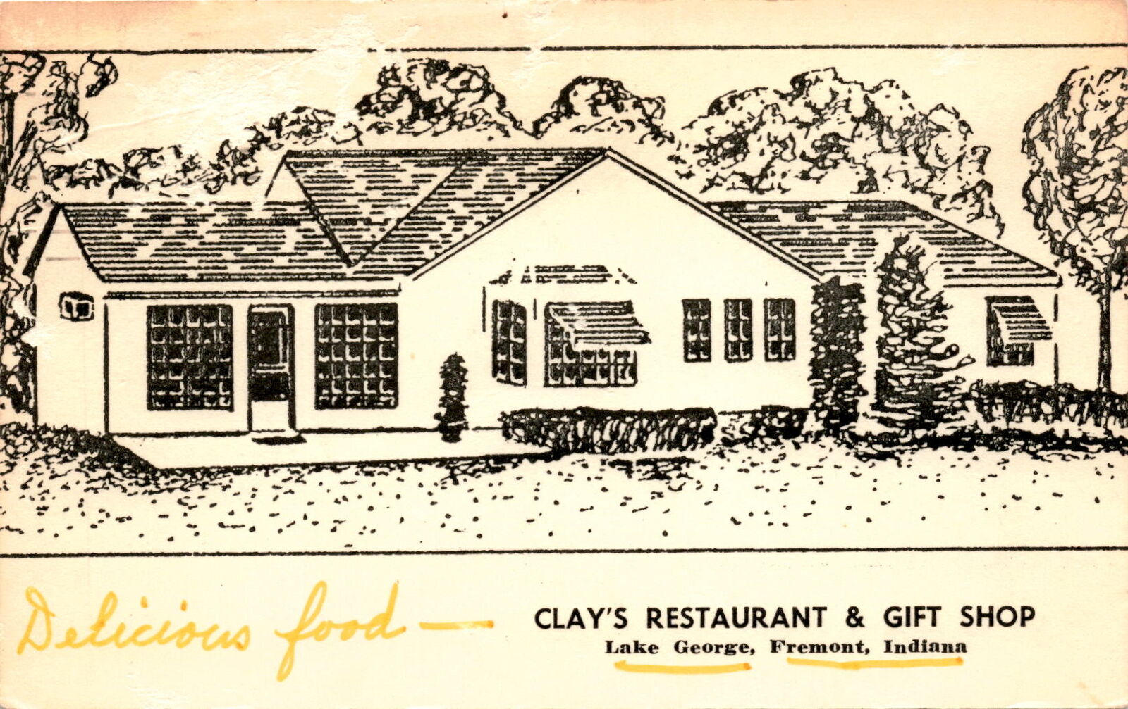 Clay\'s Restaurant, Gift Shop, Indiana, Lake Country, delicious food, Postcard