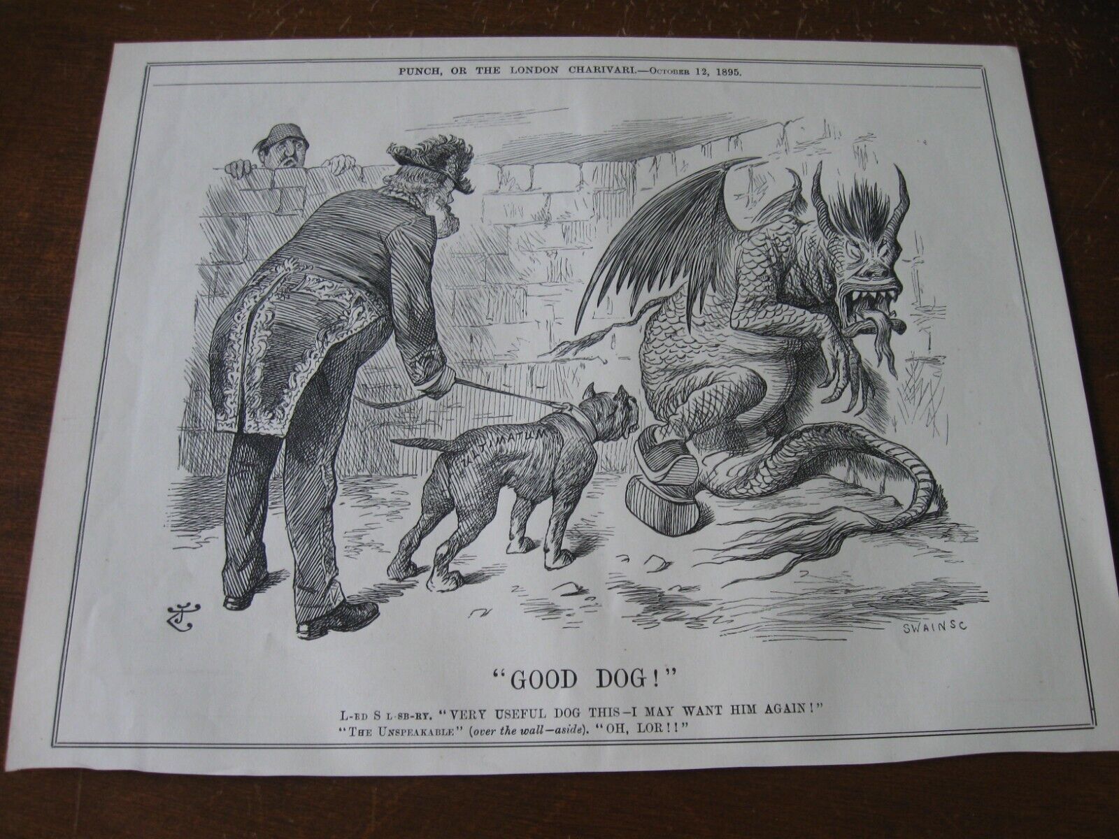 1895 Original POLITICAL CARTOON - PIT BULL DOG as ULTIMATUM for CHINA DRAGON