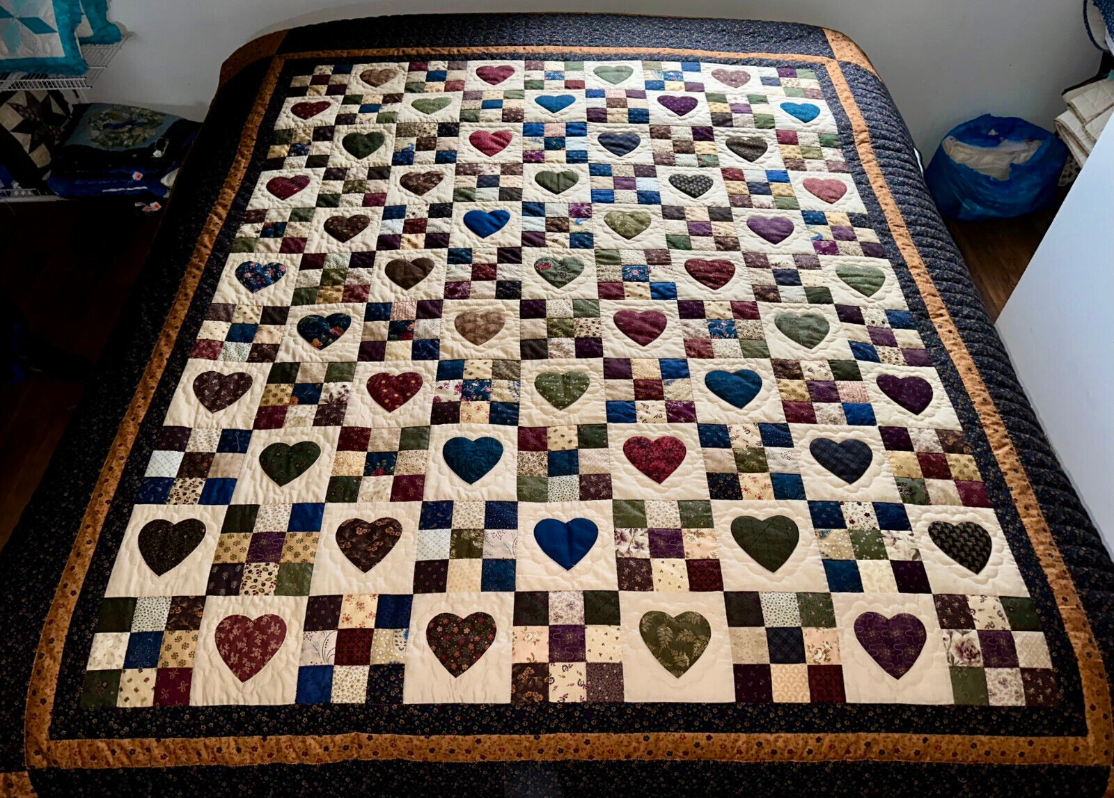 New Amish Quilt For Sale Nine Patch With Hearts Amish Queen Size Quilt