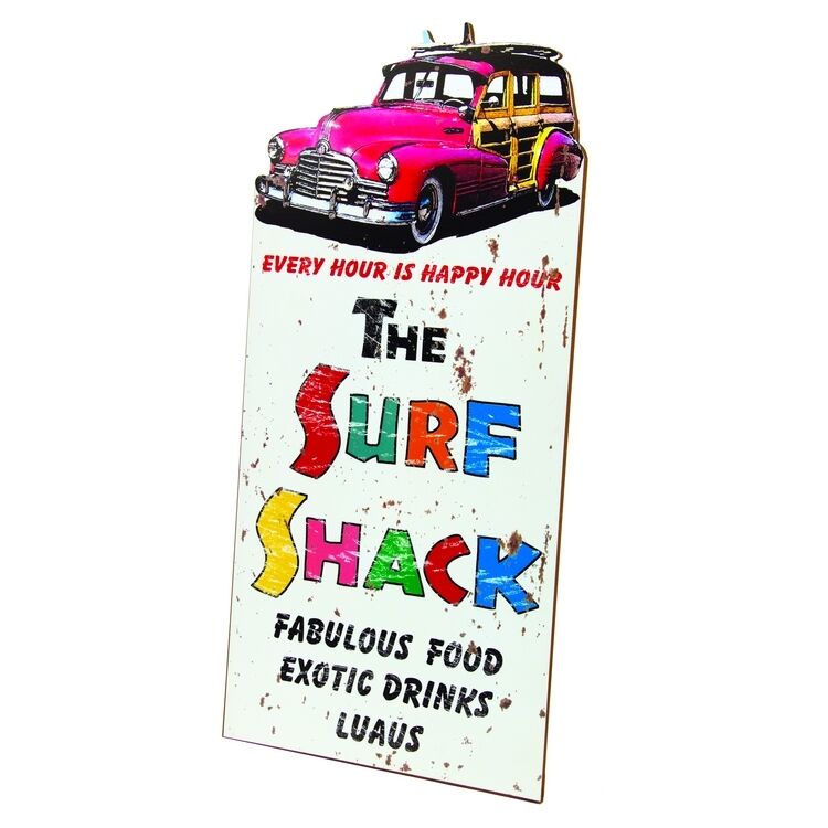 Retro Surf Shack Woody Car with Surf Board Diecut Wood Stand-up Display