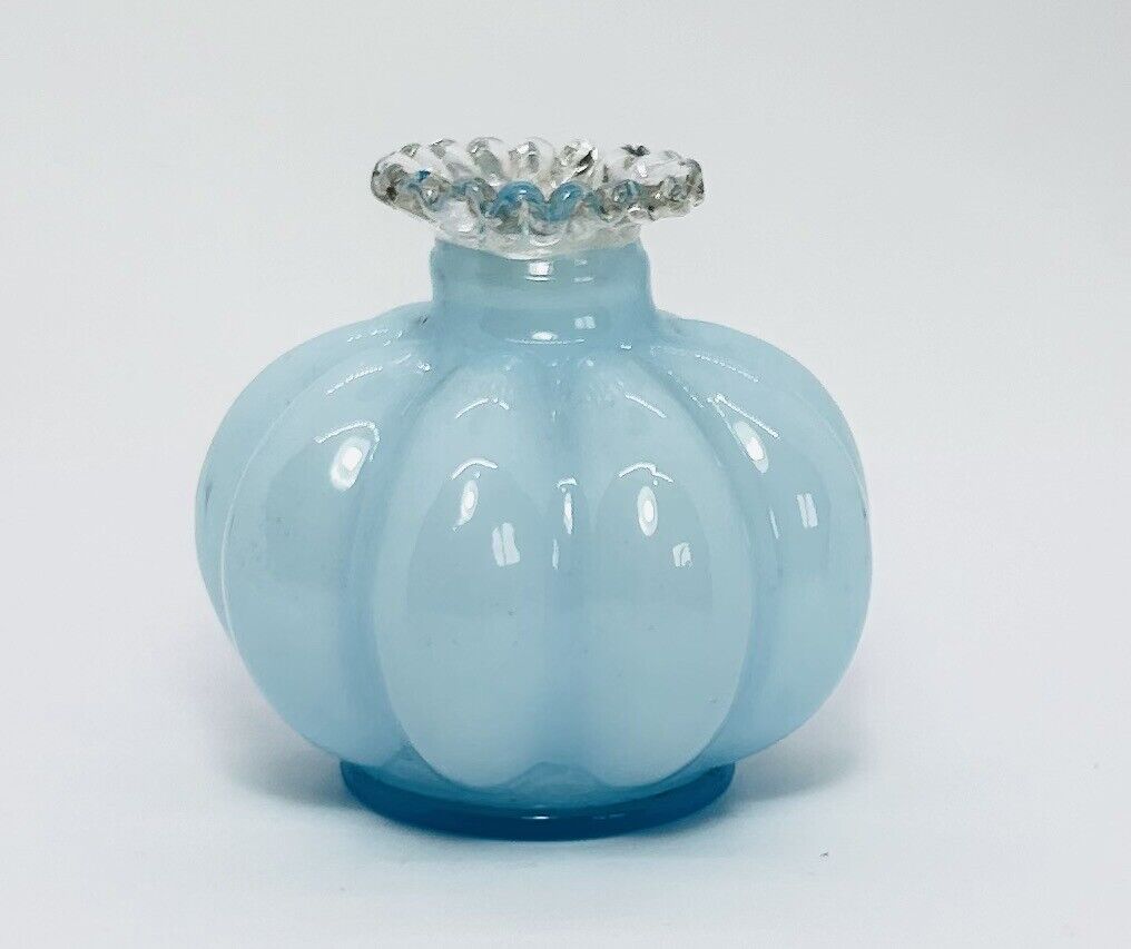 Fenton Art Glass Blue Overly Ruffle Vase Or Perfume Bottle Clear Edge 4”
