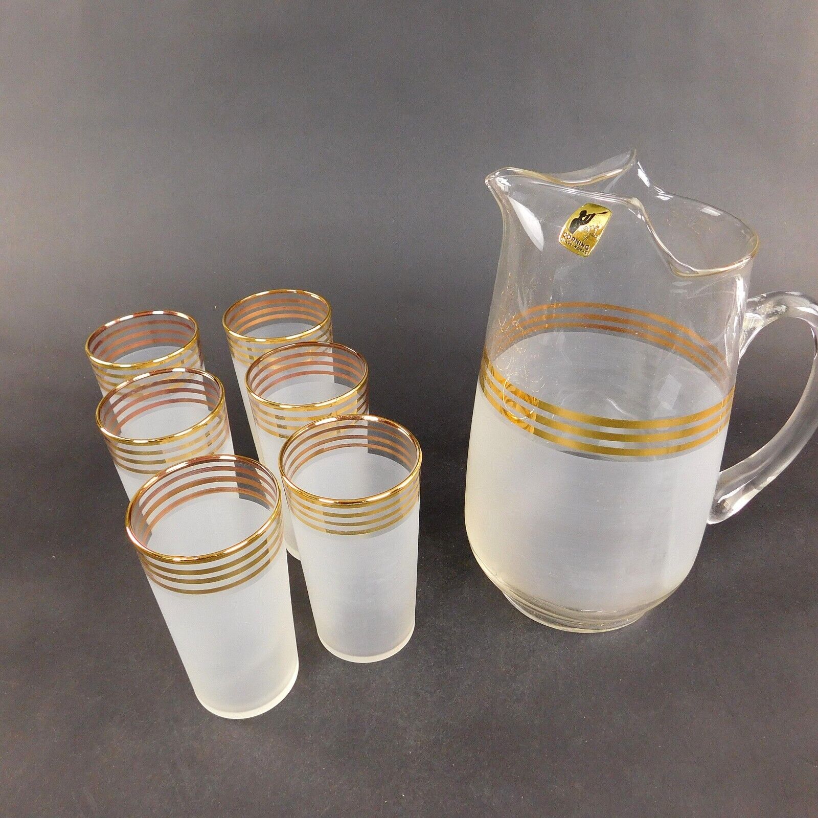  NOS Corning Beverage Ware Set MCM Pitcher 6 10 Oz Frosted Gold Tone Glasses Vtg