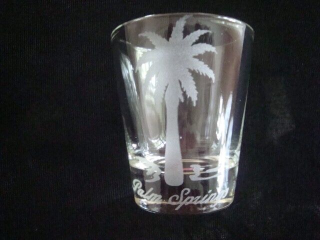 Palm Springs Shot Glass Clear, Etched, with Palm Tree & Logo, Early 2000's