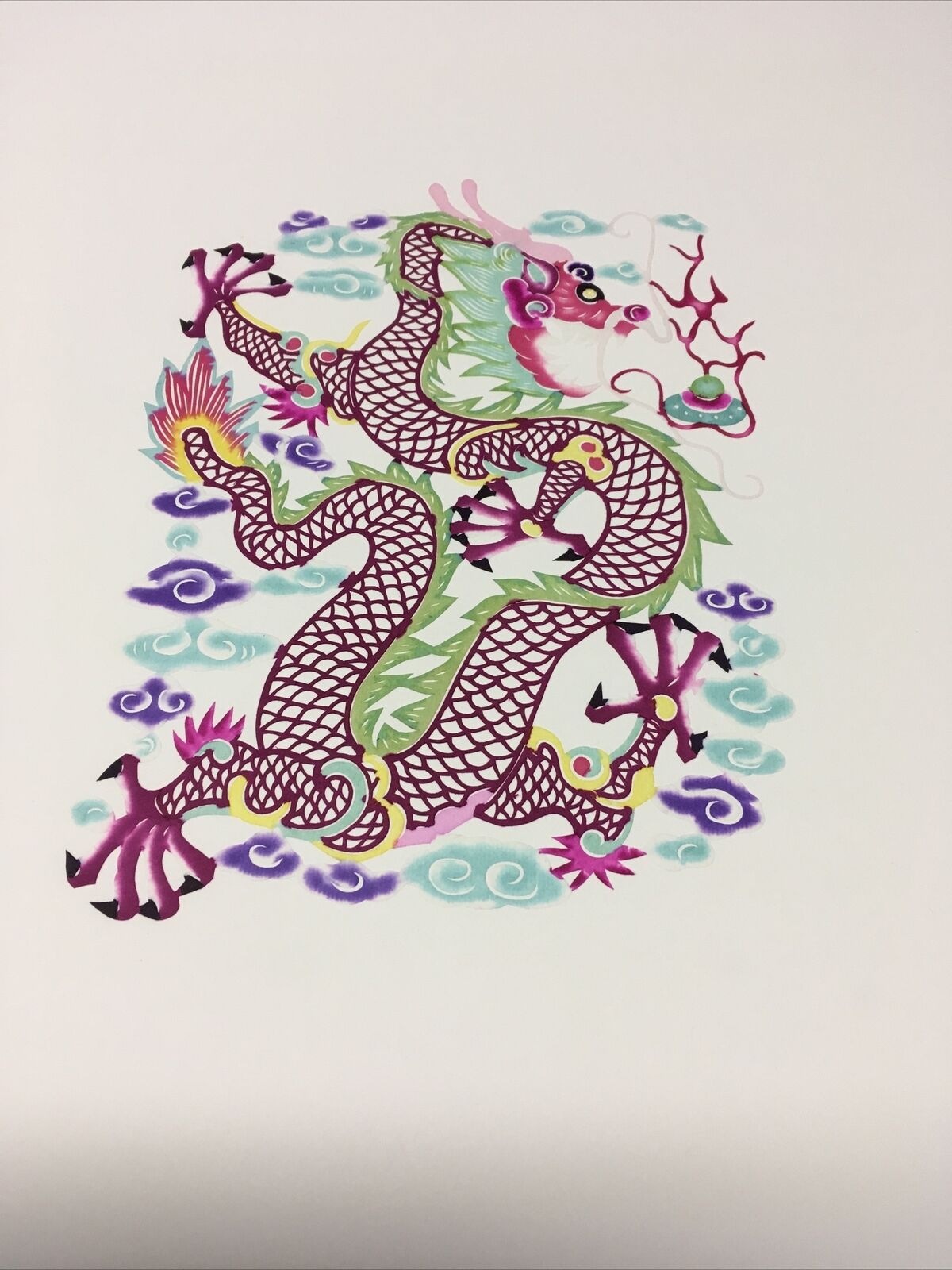 Antique Chinese paper cut detailed Hand Colored Dragon/Long With Pearl