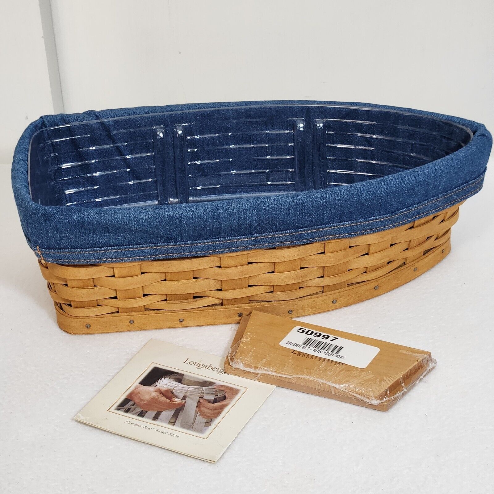 Longaberger 2005 Row Your Boat Basket+Liner+Prot+Wooden Divider ORGANIZE OFFICE