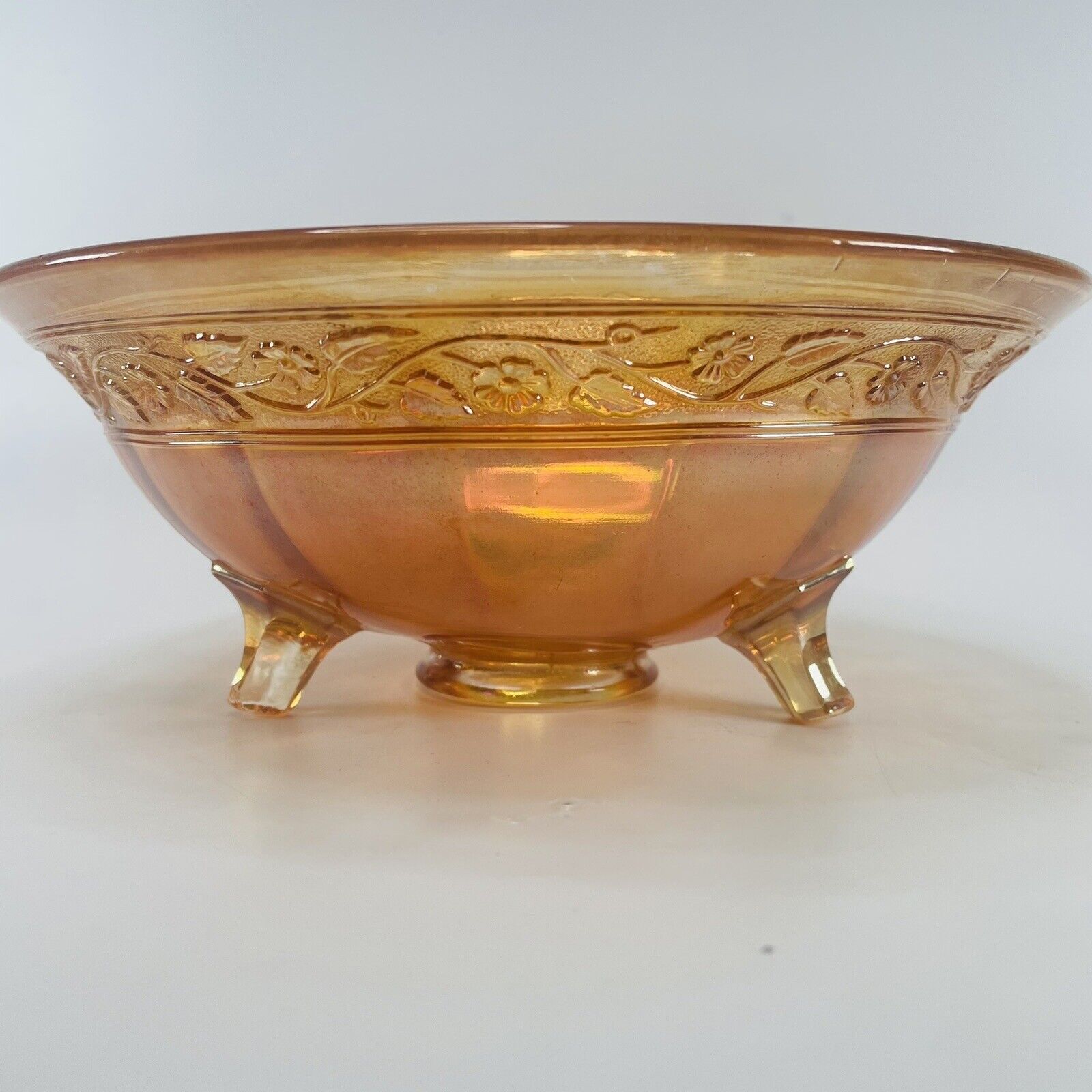 Imperial Glass Floral Optic Bowl Carnival Marigold Iridescent Three Footed VTG