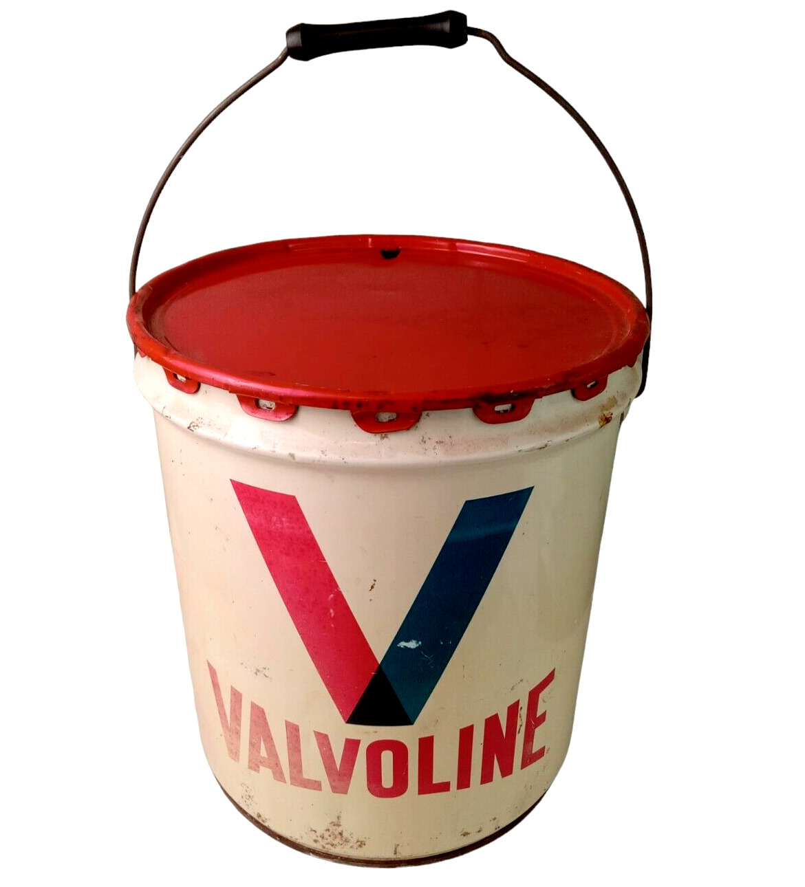 Vintage VALVOLINE 35 Lb. Oil Grease Metal Can Tin Bucket Pail with Red Lid Empty