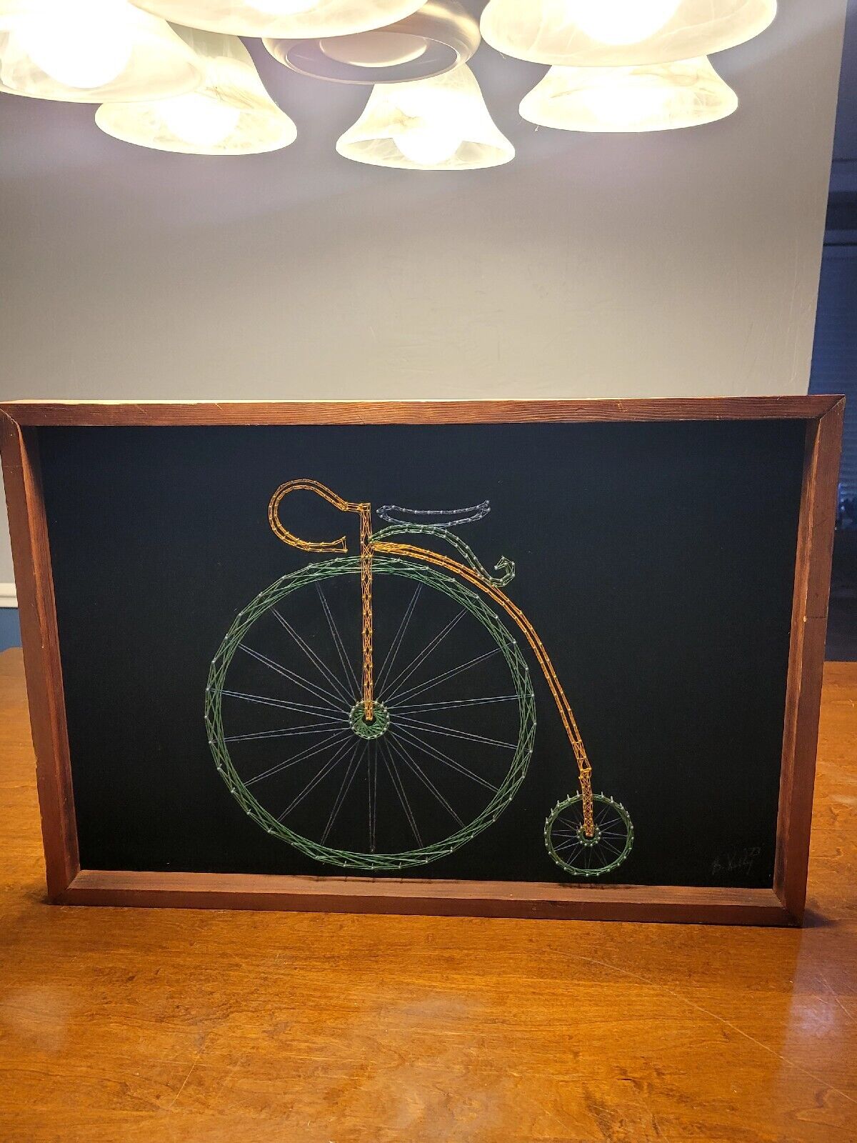 Vintage 70s MCM Framed String Art Bicycle Artist Signed Velvet Background 