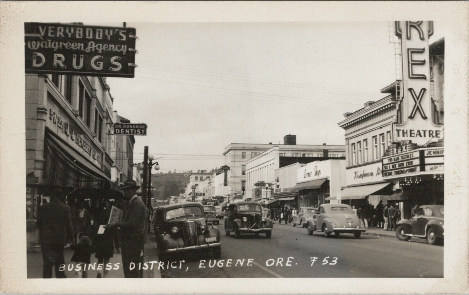 RPPC Eugene OR Walgreen Movie Theater Dentist Lerner 1940s photo postcard G139