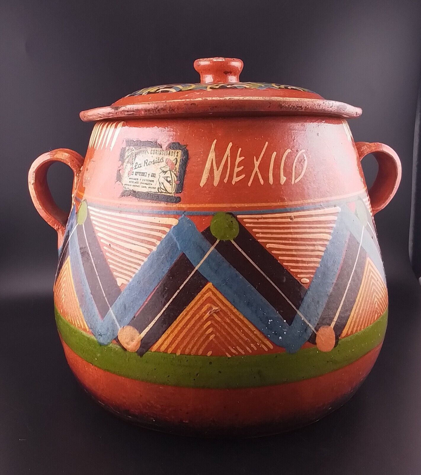 Vintage Mexican Clay Bean Pot with Lid