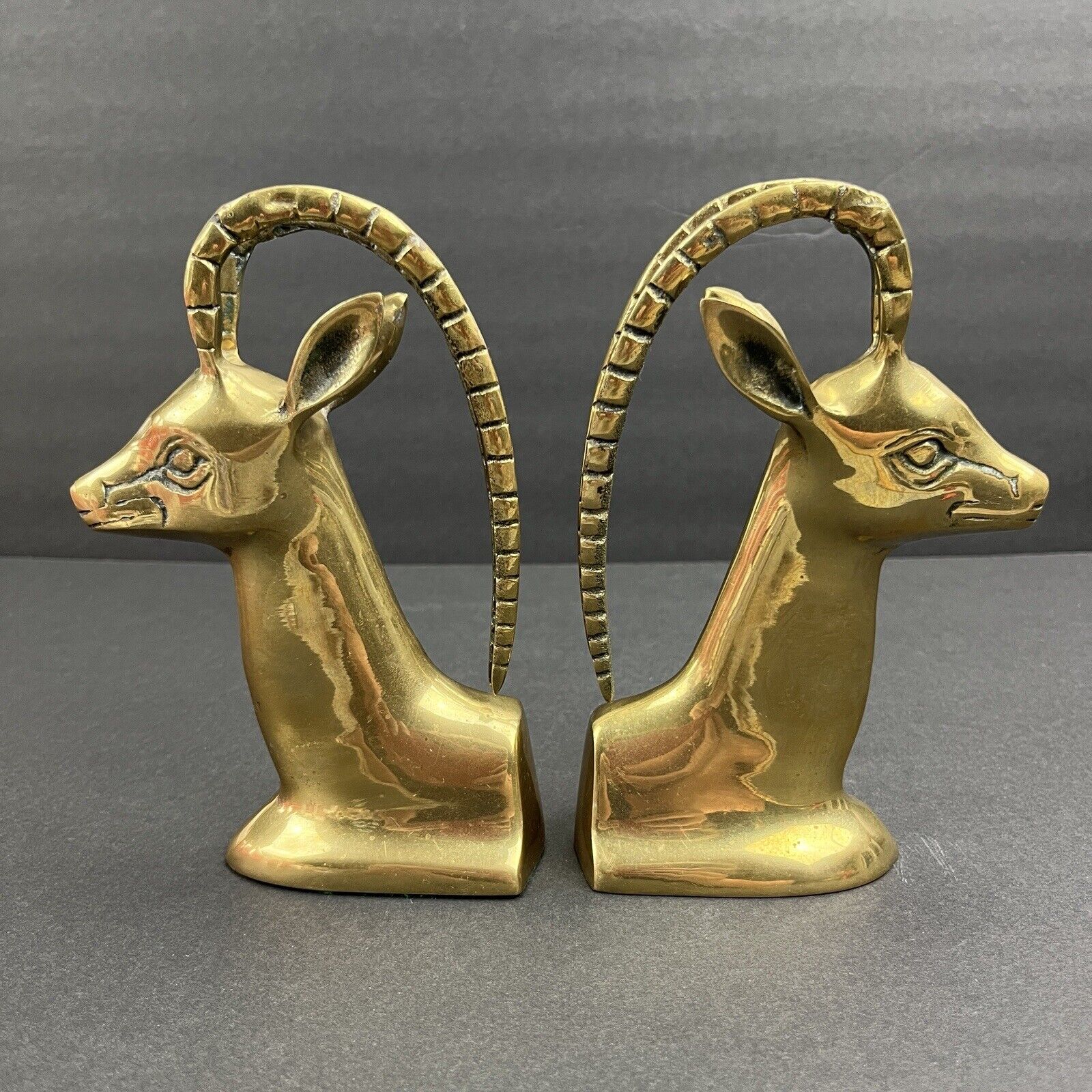 VTG MCM Brass Bookends Antelope Ibex Gazelle Mid Century Modern Set of 2 Patina