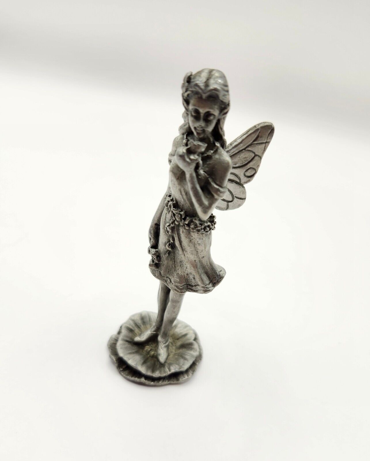 Pewter Angel Fairy Standing with Flowers 3.8in