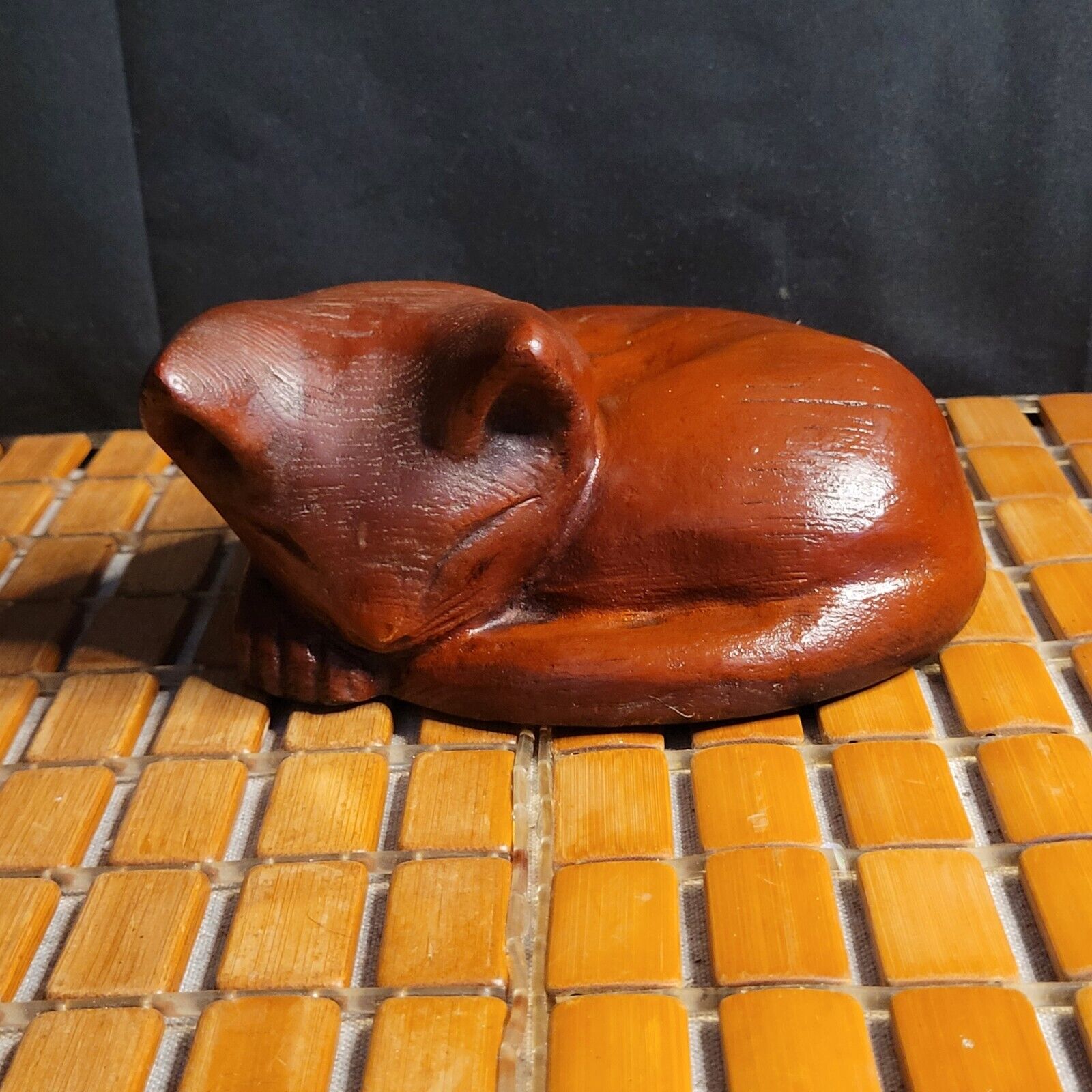 Vintage Hand Carved Curled Up Sleeping Cat Kitten Solid Wood Sculpture Figurine 