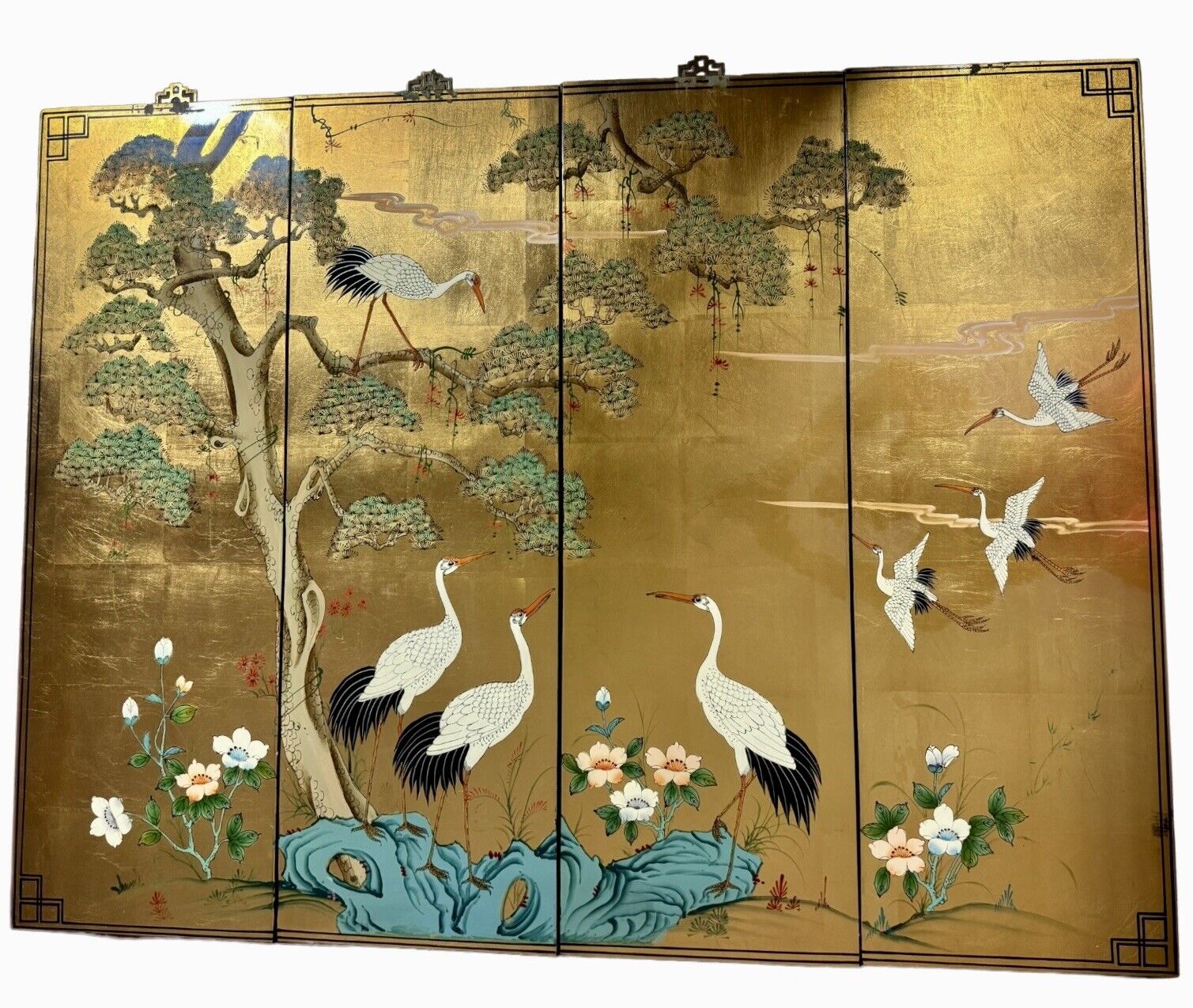 Japanese Traditional Hand Painted Byobu Gold Leaf Folding 4 Panels Screen 48x36