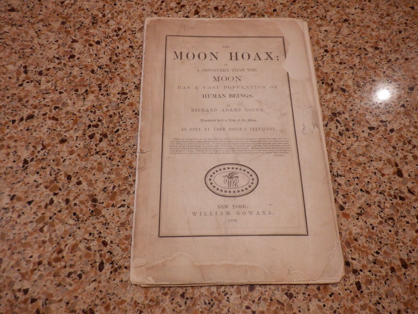 1859 63pg booklet The Moon Hoax by Richard Adams Locke, pub in NY William Gowans
