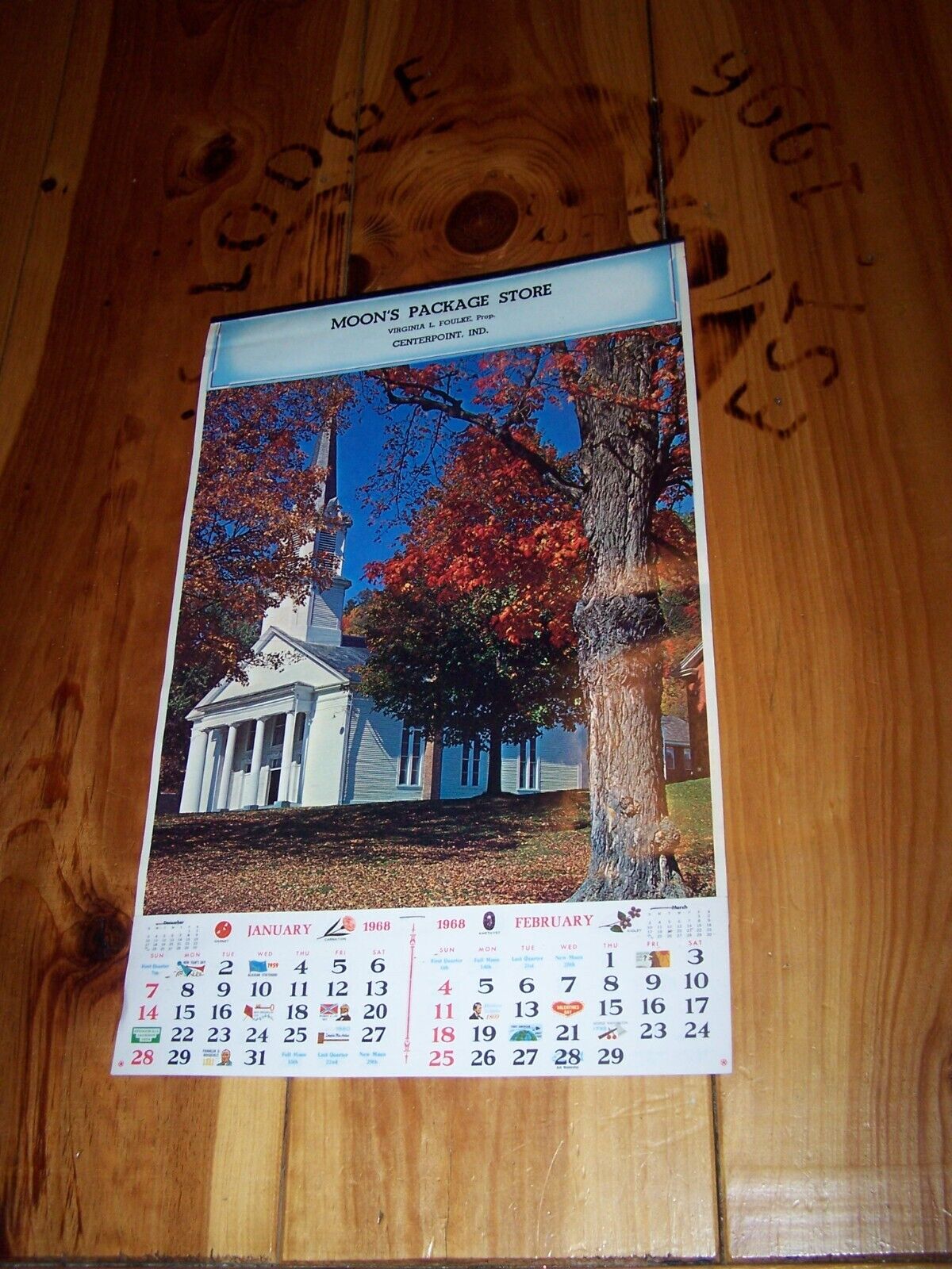 1968 MOON\'S PACKAGE STORE Calendar CENTERPOINT INDIANA Virginia Foulke - CHURCH