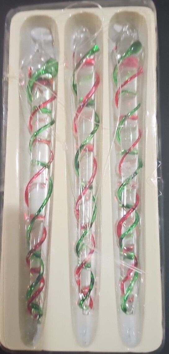 VTG Silvestri Red Green White Swirl Glass Icicle Swirl Christmas Ornaments Set
