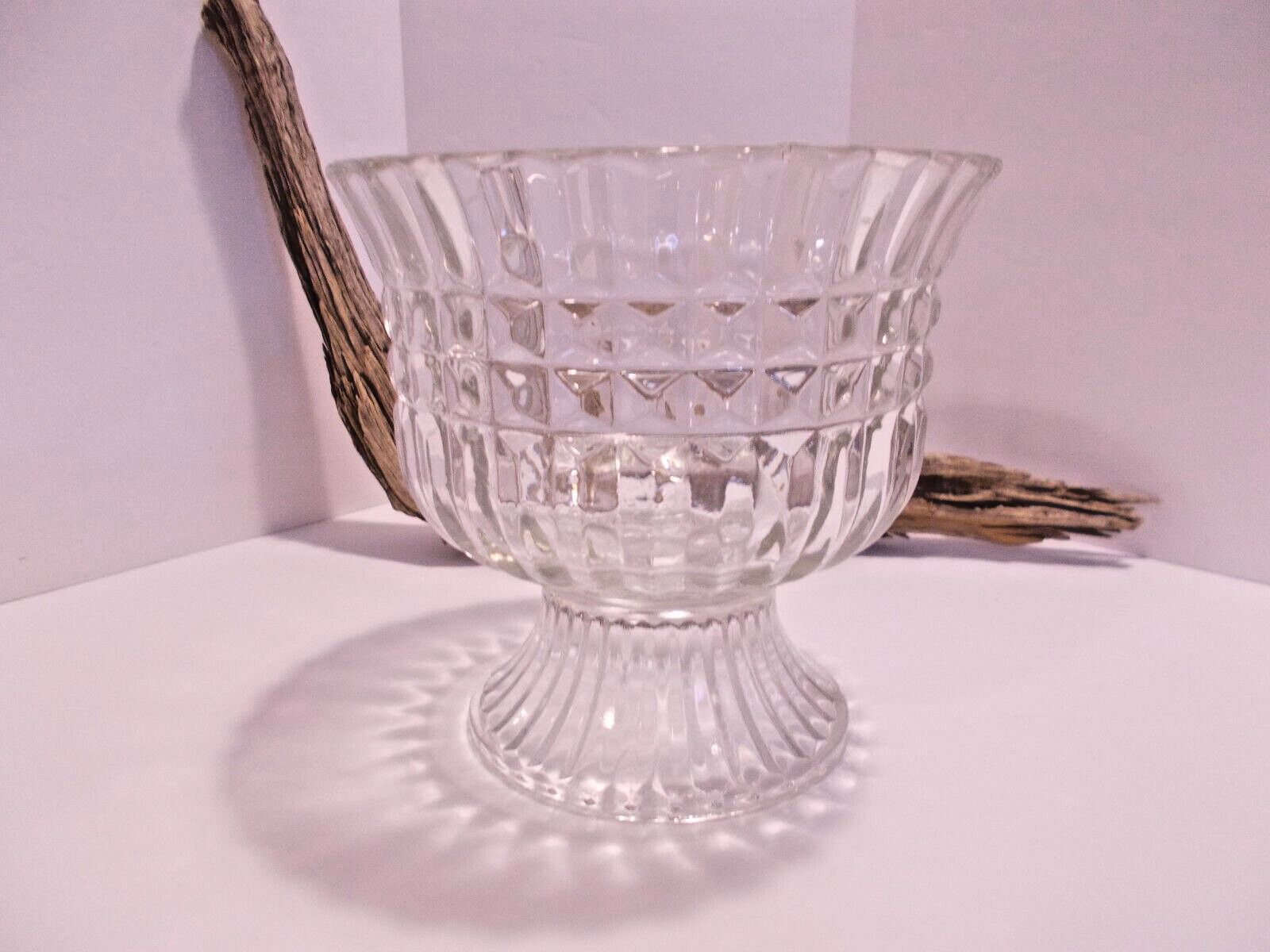 Vintage 1986 FTDA Diamond Pattern Clear Footed Glass Vase 5.5 Inch Tall
