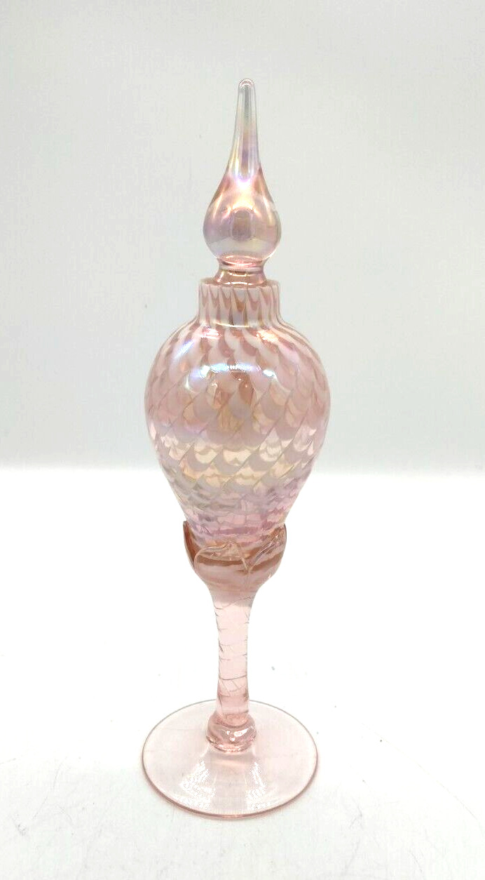 Art Glass Pink Iridescent Pulled Feather Pedestal Perfume Bottle with Stopper