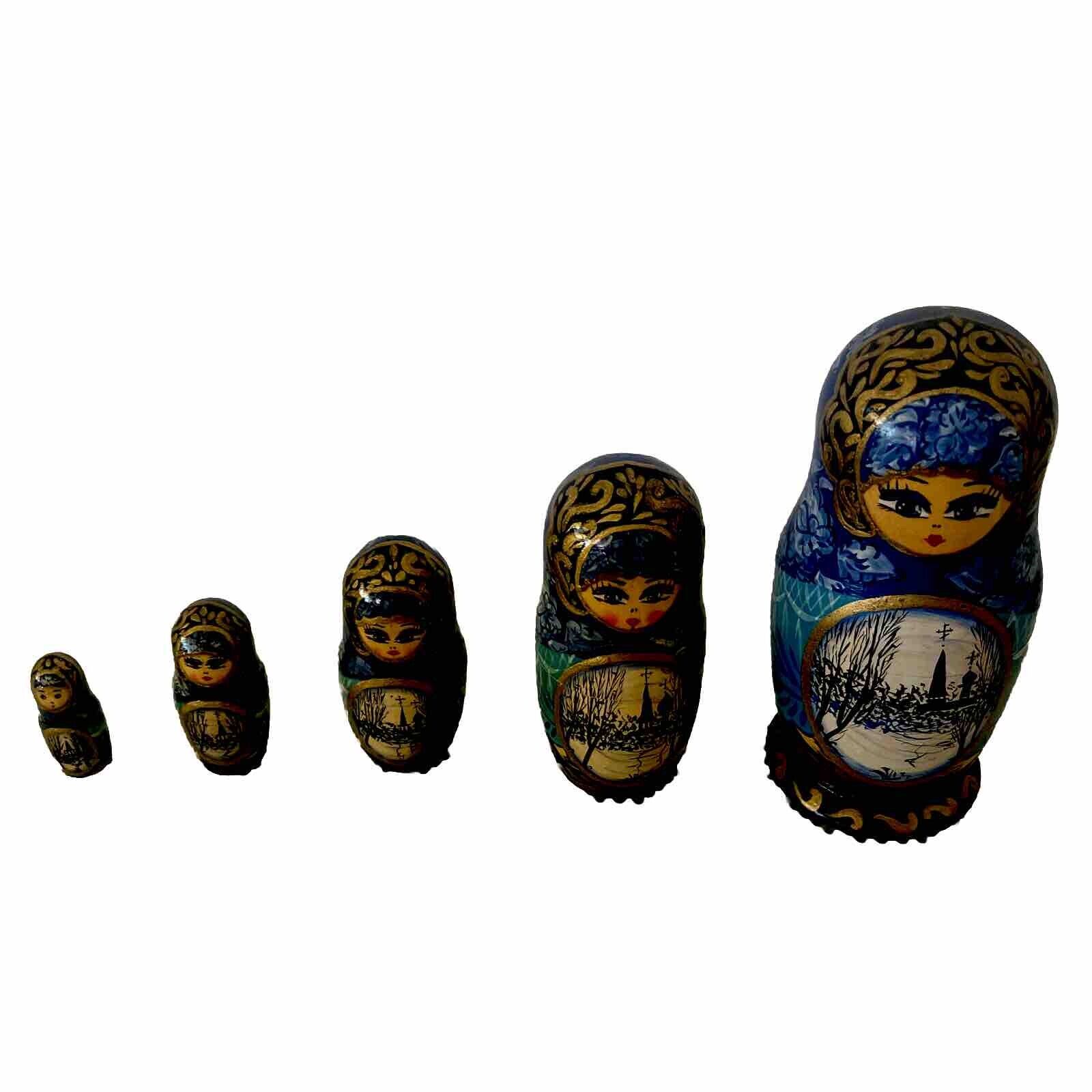 Russian Matryoshka Nesting Dolls Set of 5 Wooden Hand Painted Vintage